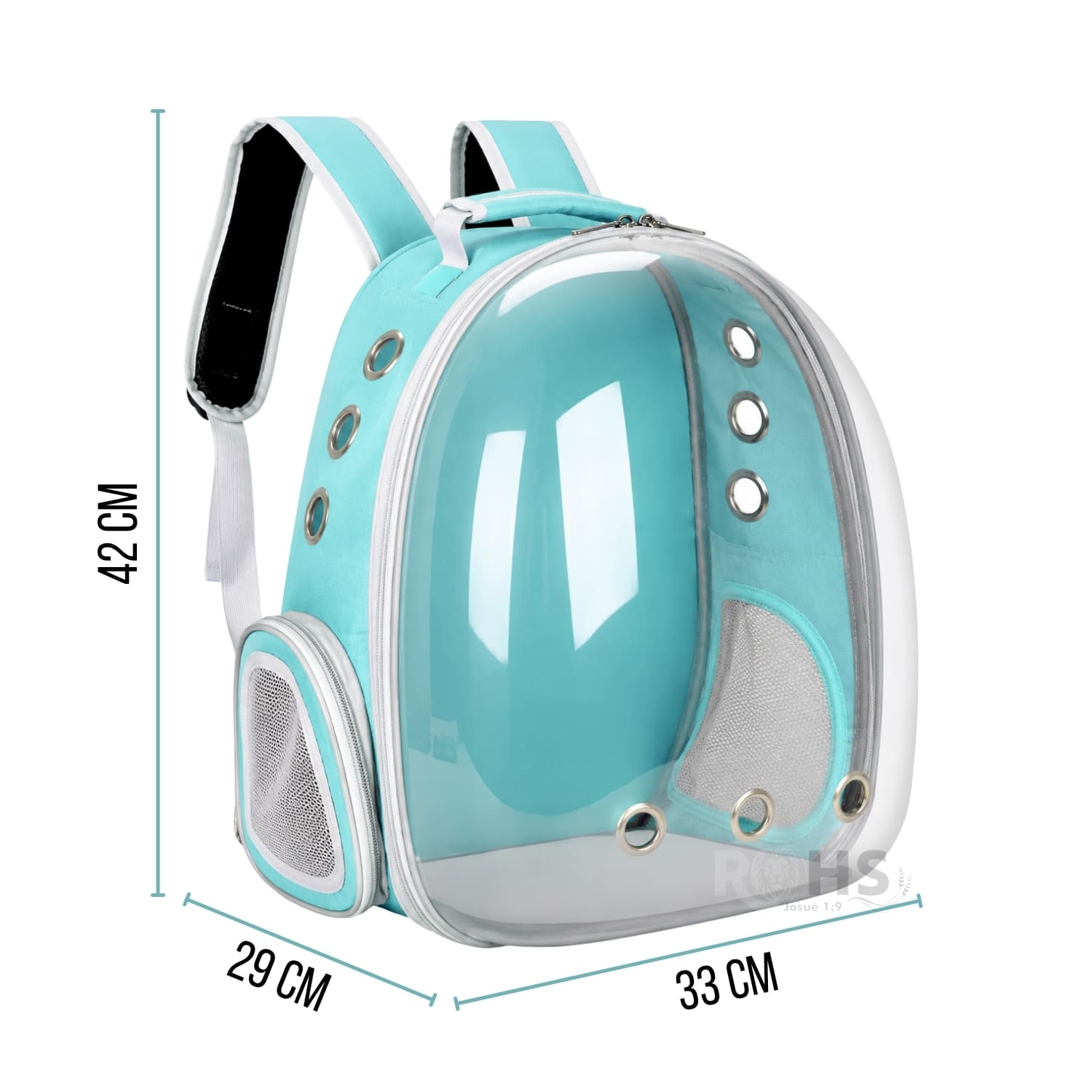 MOCHILA TRANSPORTADORA CELESTE PARA MASCOTAS CON VENTANA TRANSPARENTE Y CORREAS AJUSTABLES - 6