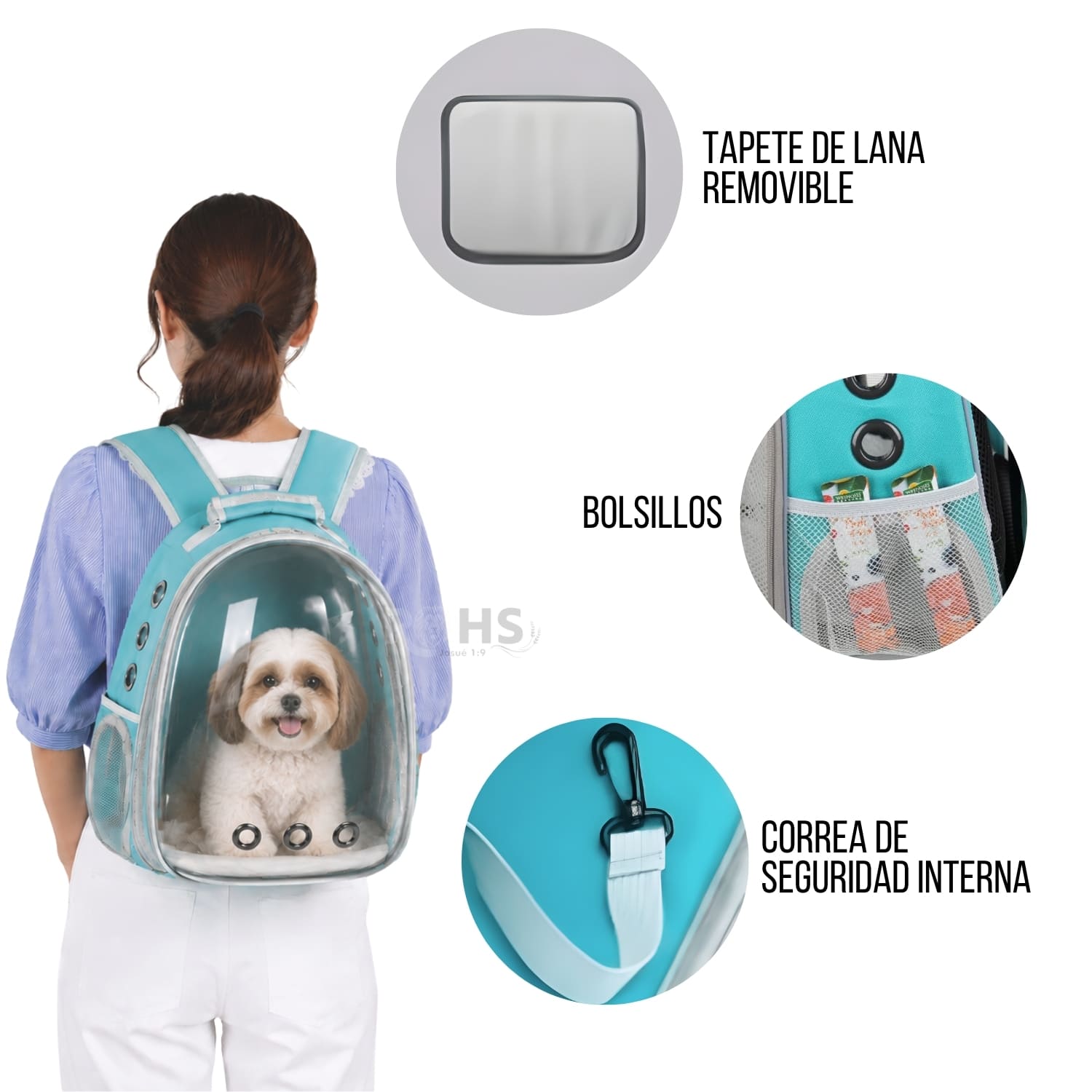 MOCHILA TRANSPORTADORA CELESTE PARA MASCOTAS CON VENTANA TRANSPARENTE Y CORREAS AJUSTABLES - 7