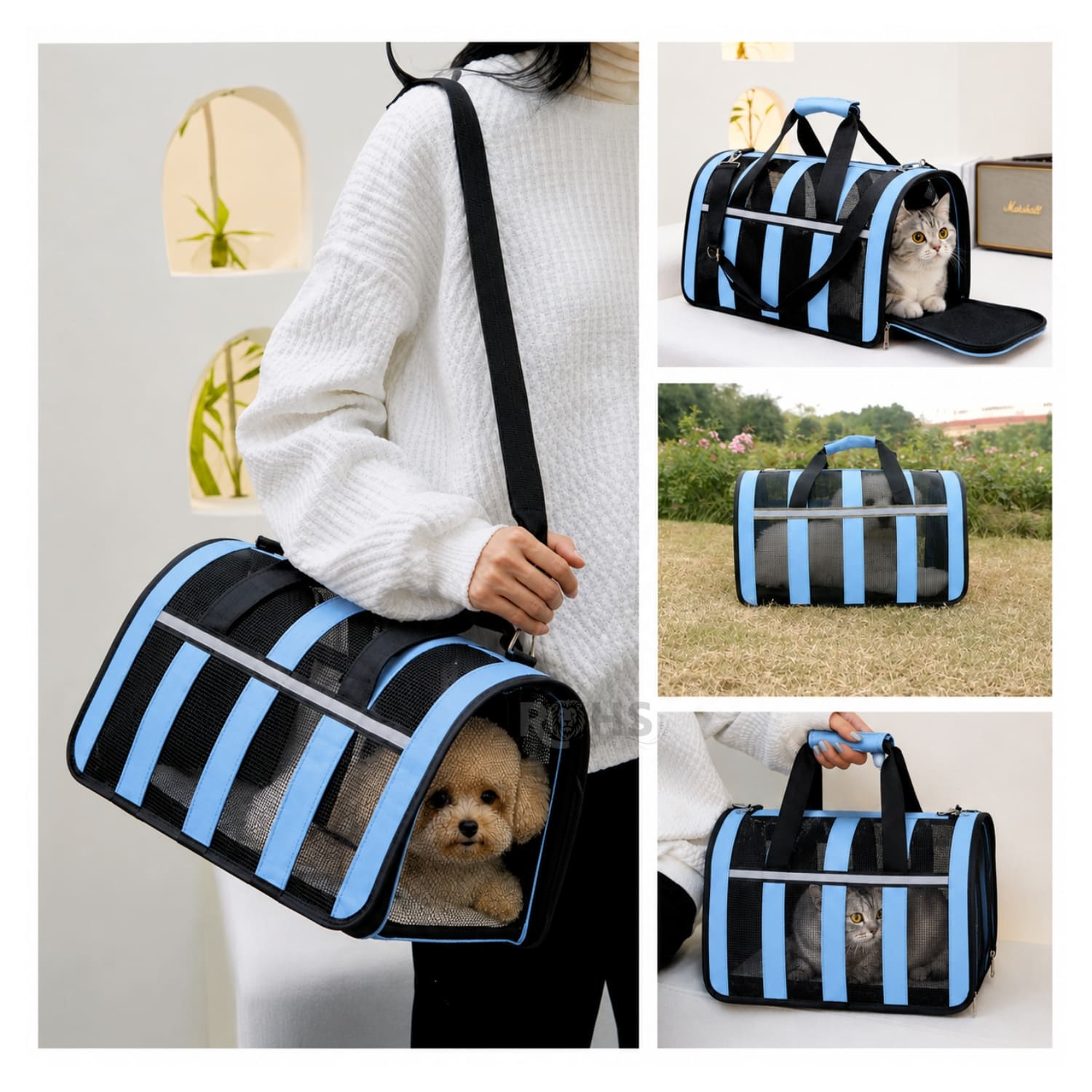 BOLSO TRANSPORTADOR PLEGABLE CELESTE PARA PERROS Y GATOS CON MALLA TRANSPIRABLE - 7