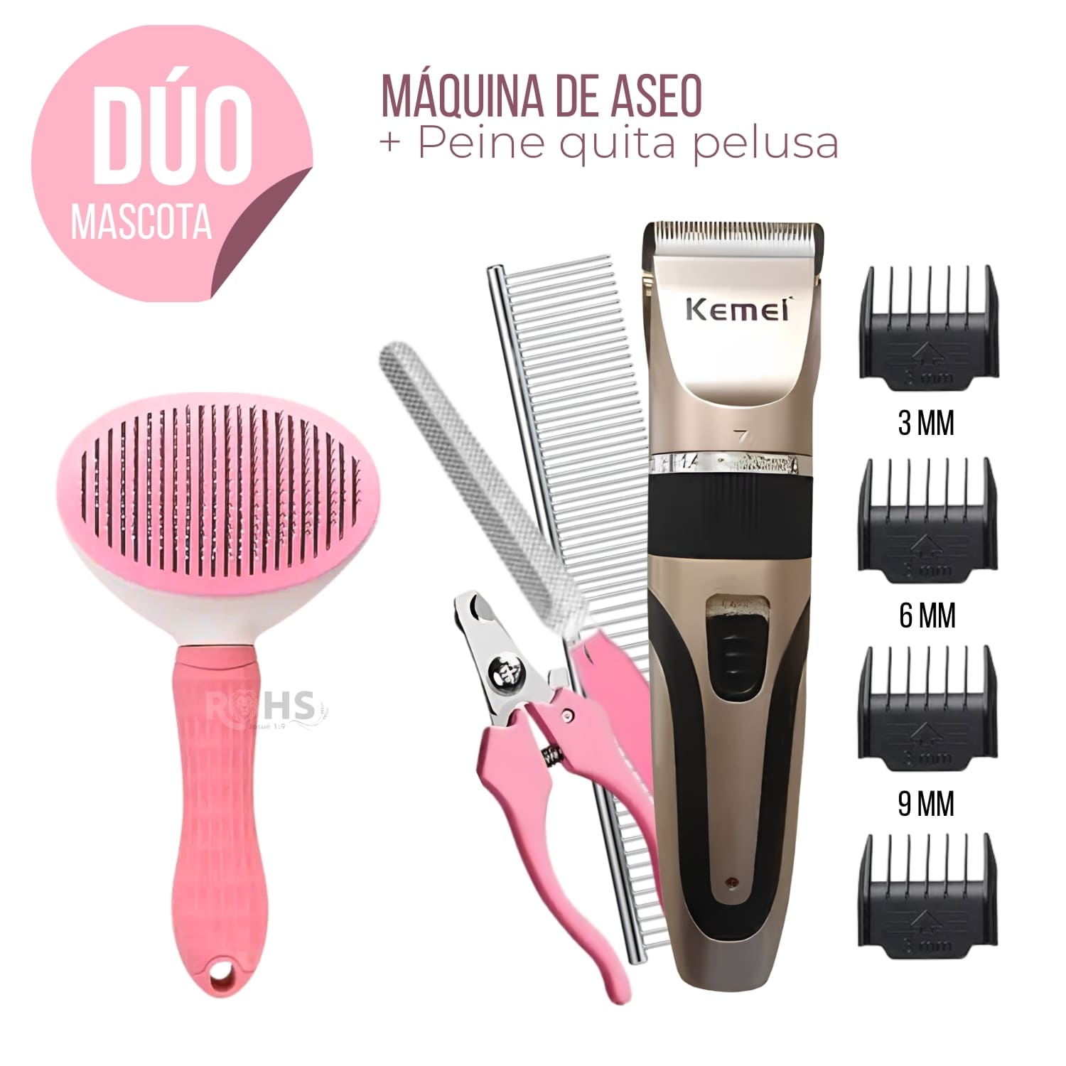 DÚO MASCOTA KIT DE ASEO KEMEI Y CEPILLO QUITA PELUSA ROSA - 1