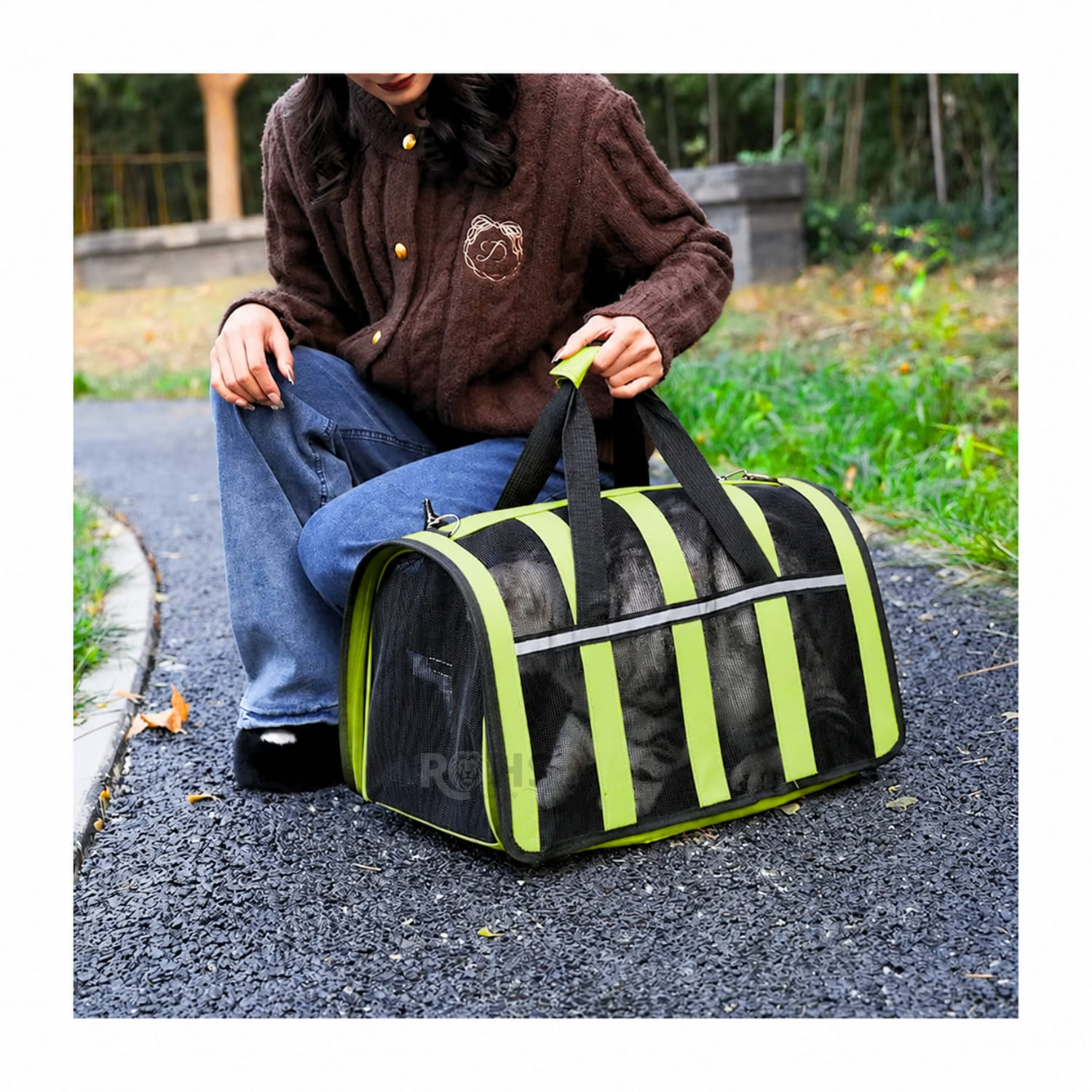BOLSO TRANSPORTADOR PLEGABLE VERDE PARA PERROS Y GATOS CON MALLA TRANSPIRABLE - 4