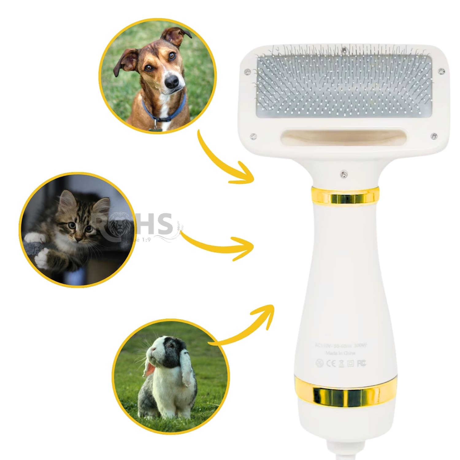 CEPILLO SECADOR ELÉCTRICO DORADO CON CERDAS METÁLICAS PARA MASCOTAS - 6