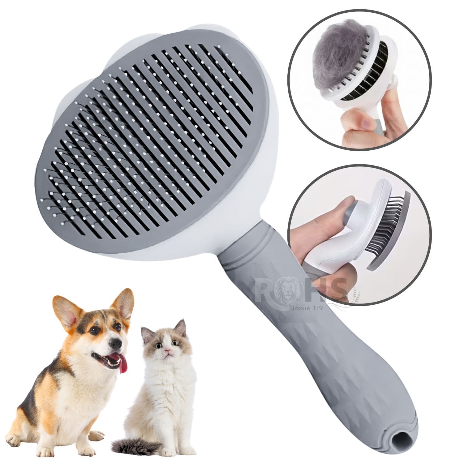 CEPILLO REMOVEDOR DE PELO GRIS PARA PERROS Y GATOS CON BOTÓN DE LIMPIEZA - 1