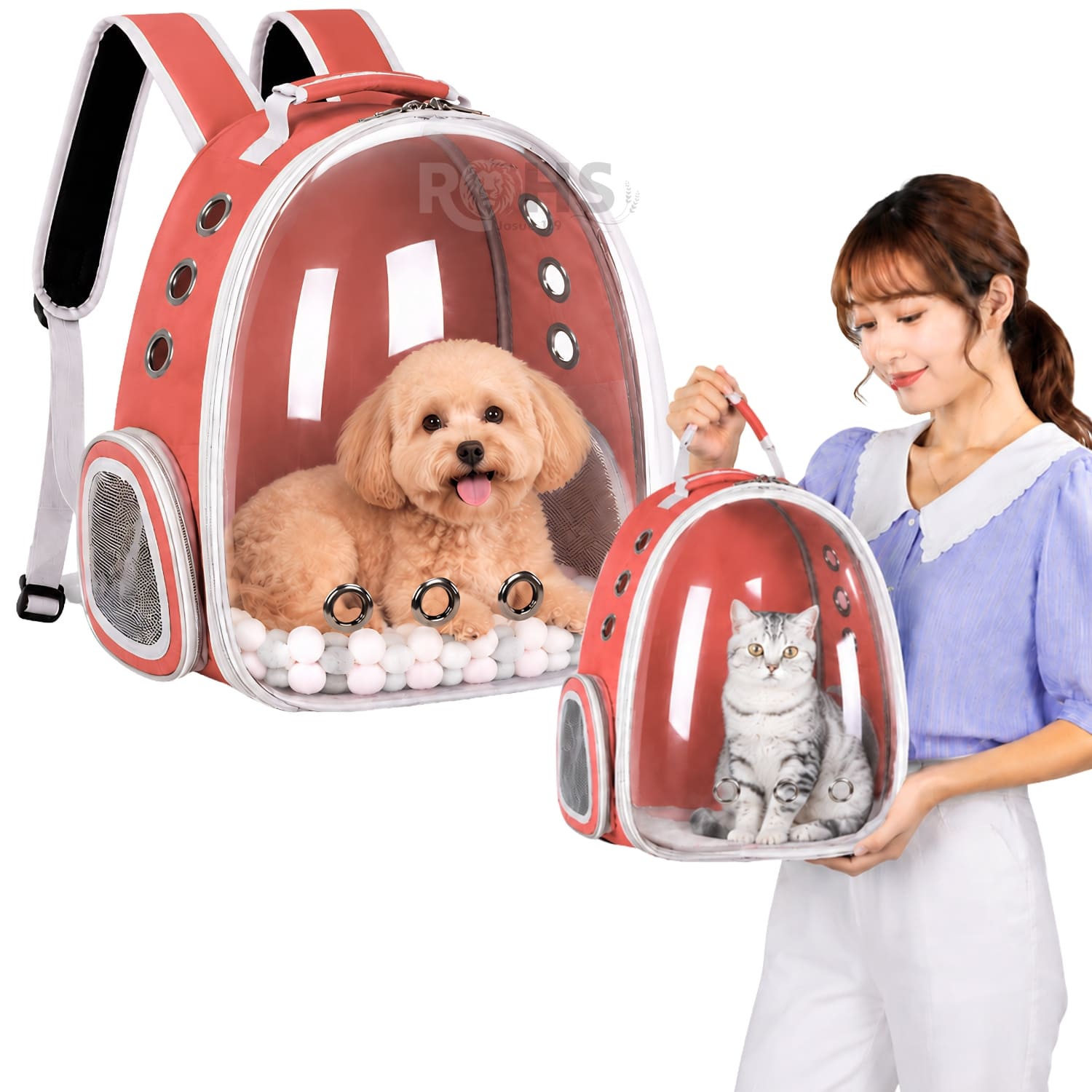 MOCHILA TRANSPORTADORA ROJO PARA MASCOTAS CON VENTANA TRANSPARENTE Y CORREAS AJUSTABLES - 1