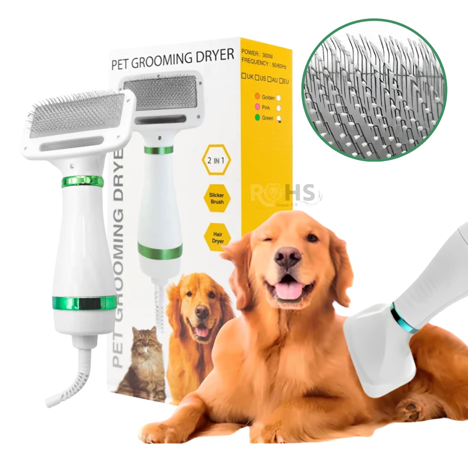CEPILLO SECADOR ELÉCTRICO VERDE CON CERDAS METÁLICAS PARA MASCOTAS - 1
