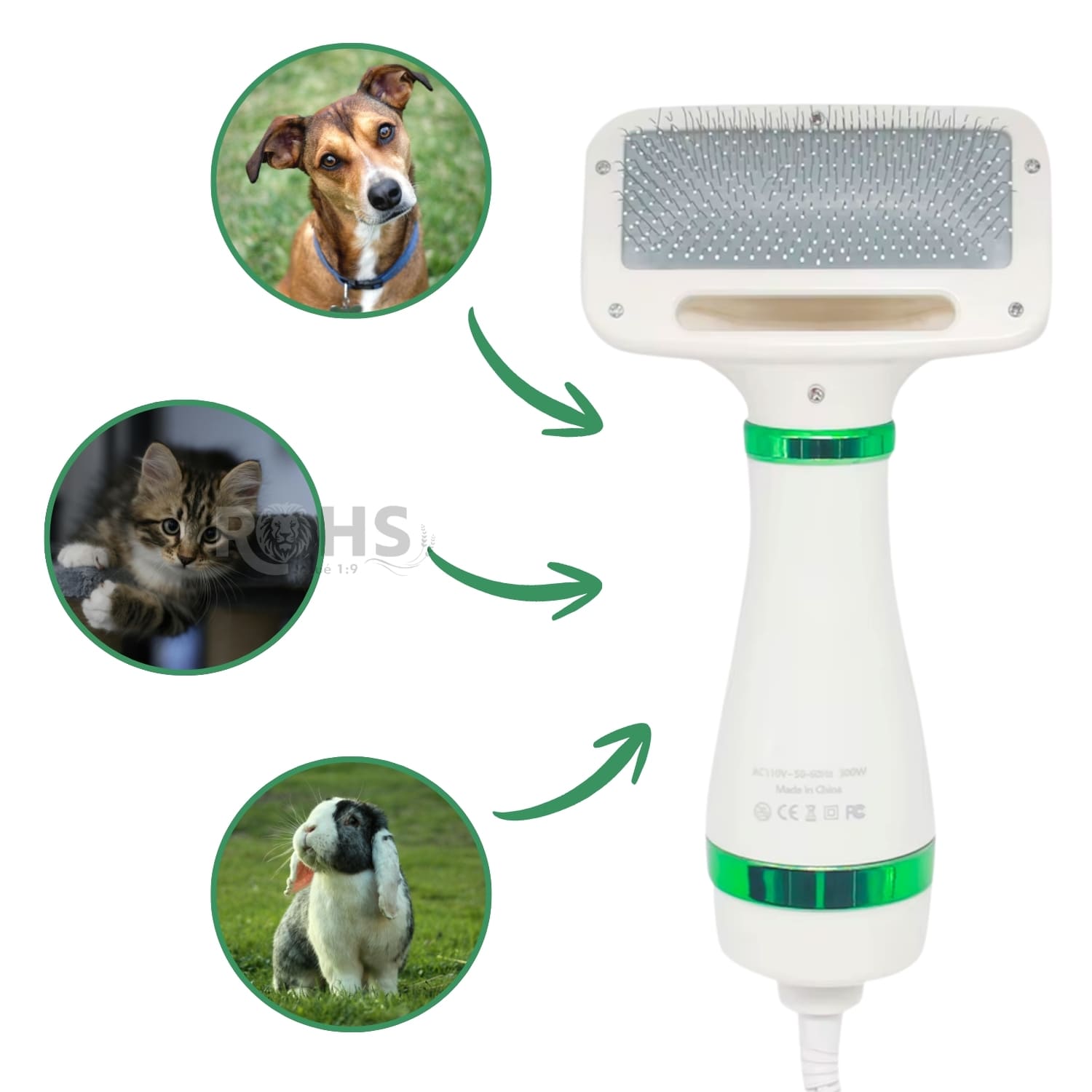 CEPILLO SECADOR ELÉCTRICO VERDE CON CERDAS METÁLICAS PARA MASCOTAS - 6