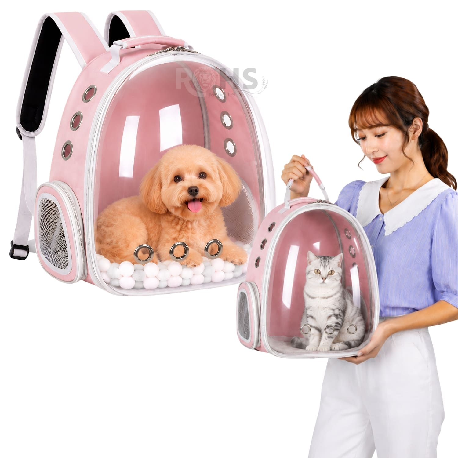 MOCHILA TRANSPORTADORA ROSADO PARA MASCOTAS CON VENTANA TRANSPARENTE Y CORREAS AJUSTABLES - 1