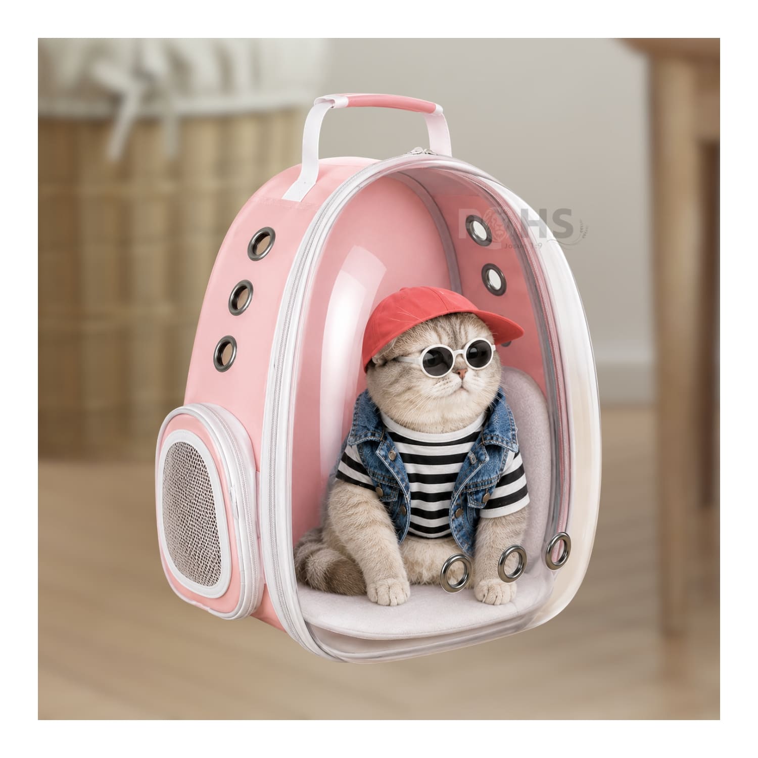 MOCHILA TRANSPORTADORA ROSADO PARA MASCOTAS CON VENTANA TRANSPARENTE Y CORREAS AJUSTABLES - 4