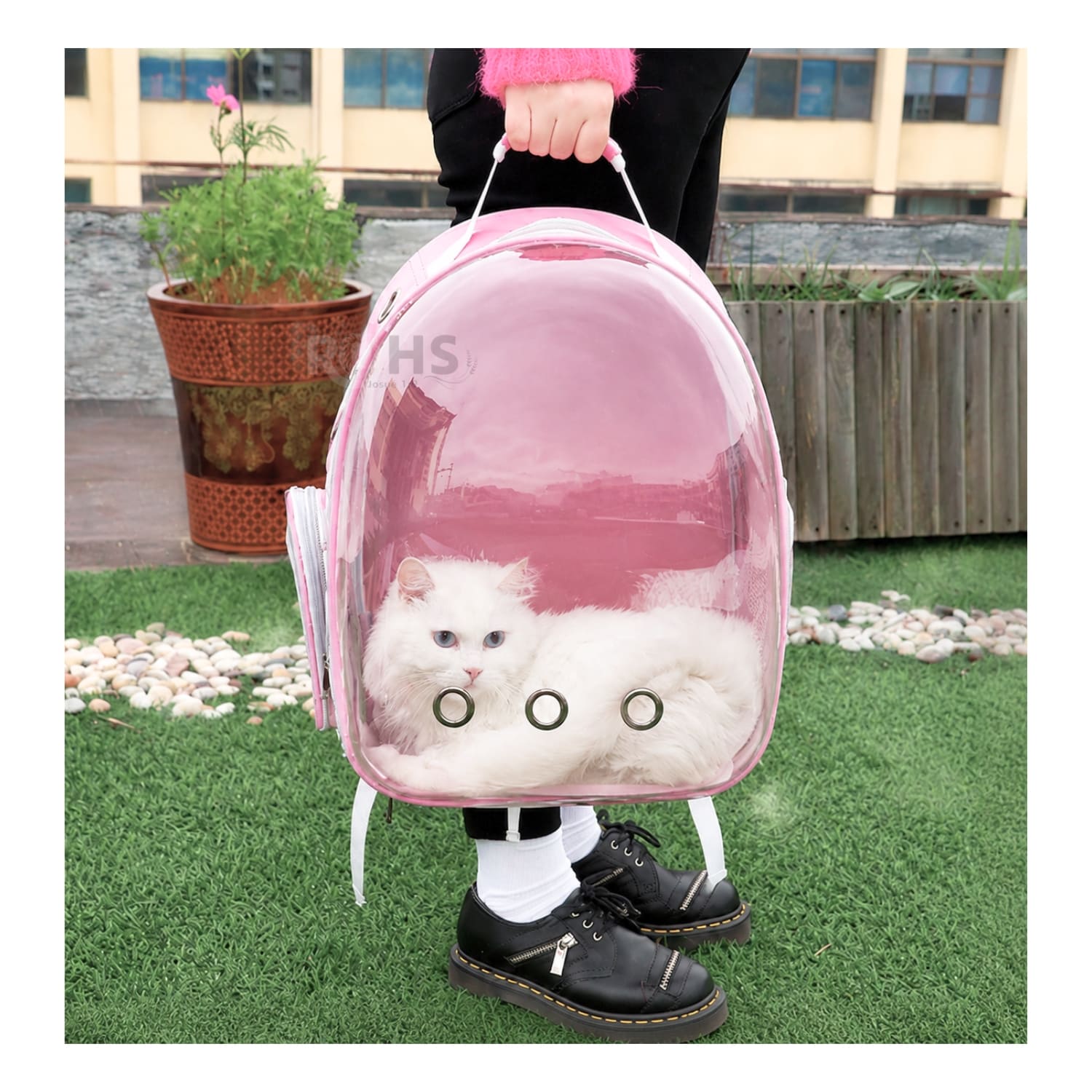 MOCHILA TRANSPORTADORA ROSADO PARA MASCOTAS CON VENTANA TRANSPARENTE Y CORREAS AJUSTABLES - 5