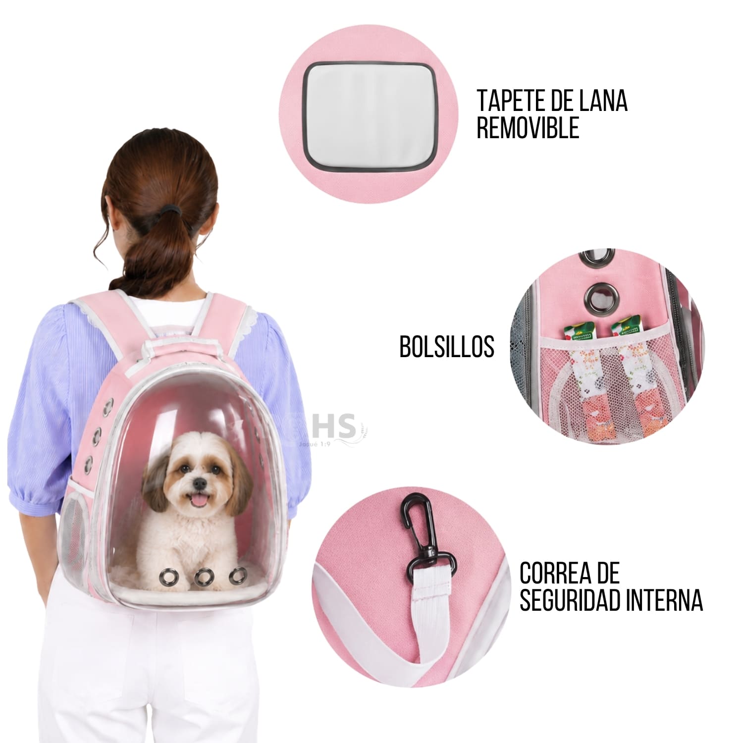 MOCHILA TRANSPORTADORA ROSADO PARA MASCOTAS CON VENTANA TRANSPARENTE Y CORREAS AJUSTABLES - 7