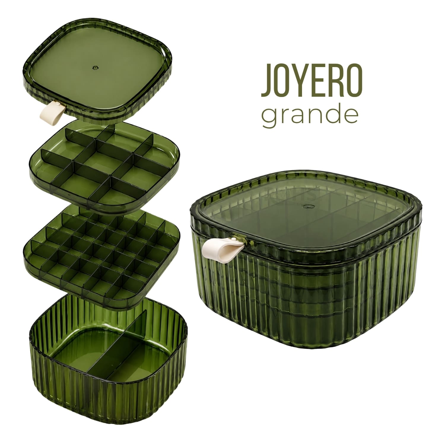 JOYERO GRANDE VERDE TRANSPARENTE CON COMPARTIMENTOS ORGANIZADORES - 1