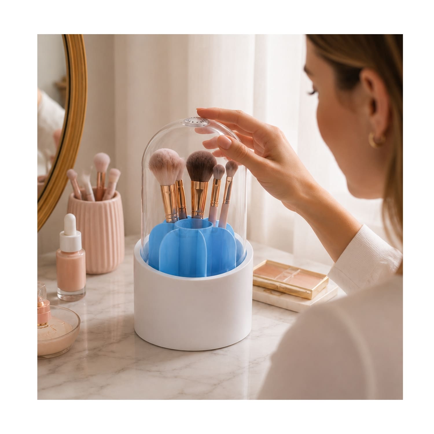 ORGANIZADOR GIRATORIO DE MAQUILLAJE AZUL CON TAPA TRANSPARENTE - 3