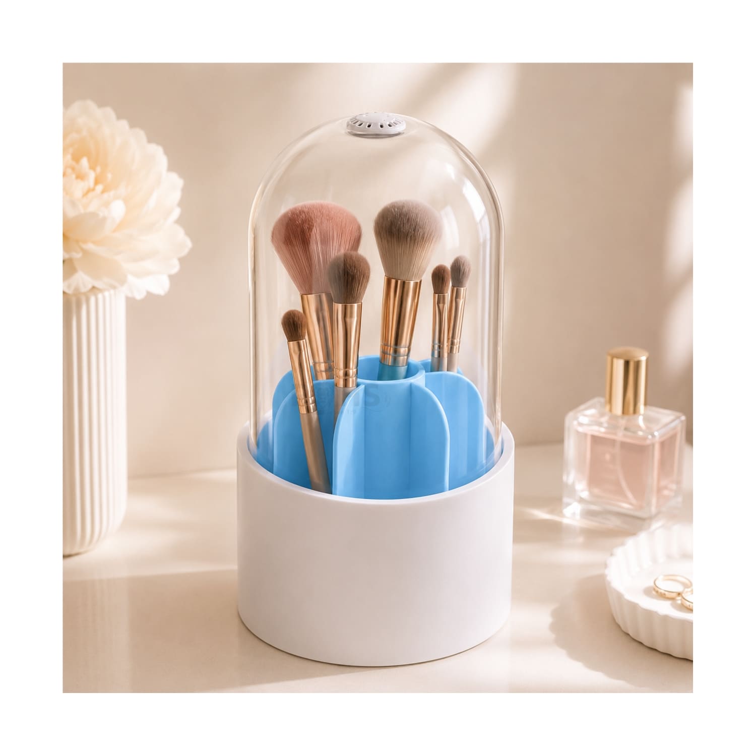 ORGANIZADOR GIRATORIO DE MAQUILLAJE AZUL CON TAPA TRANSPARENTE - 4