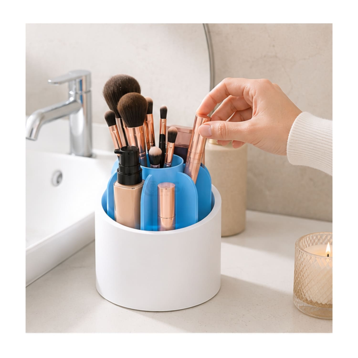 ORGANIZADOR GIRATORIO DE MAQUILLAJE AZUL CON TAPA TRANSPARENTE - 5