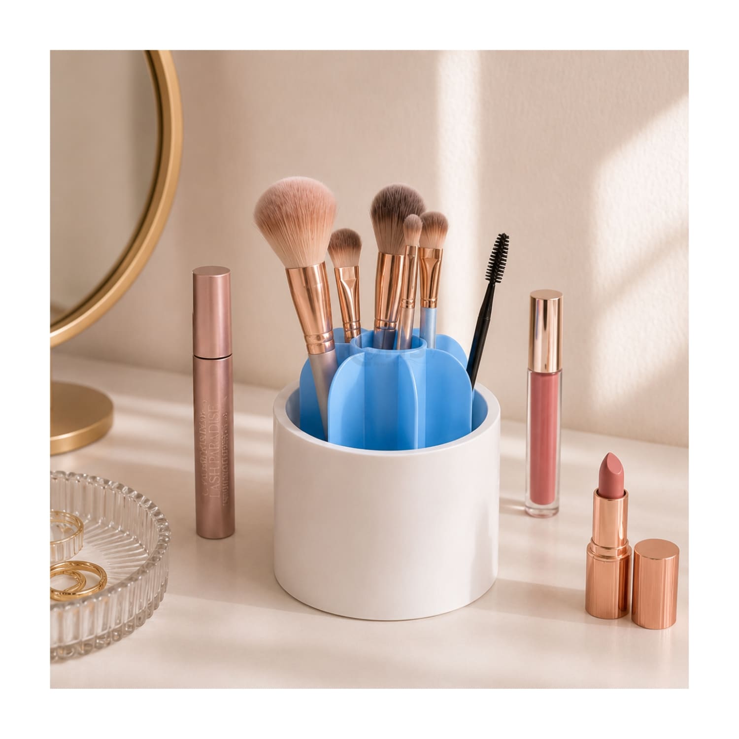 ORGANIZADOR GIRATORIO DE MAQUILLAJE AZUL CON TAPA TRANSPARENTE - 6