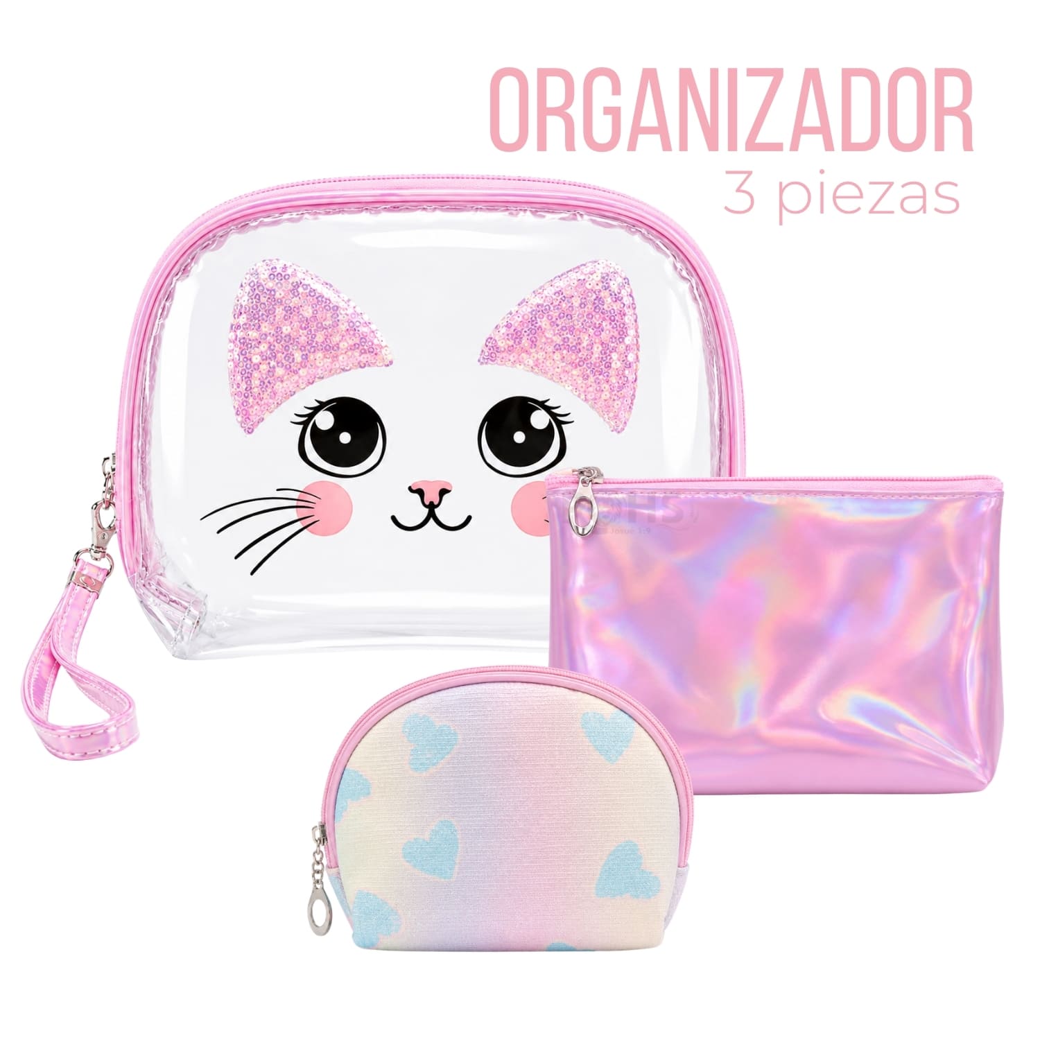 SET ORGANIZADOR 3 PCS ROSADO HOLOGRÁFICO Y TRANSPARENTE - 1