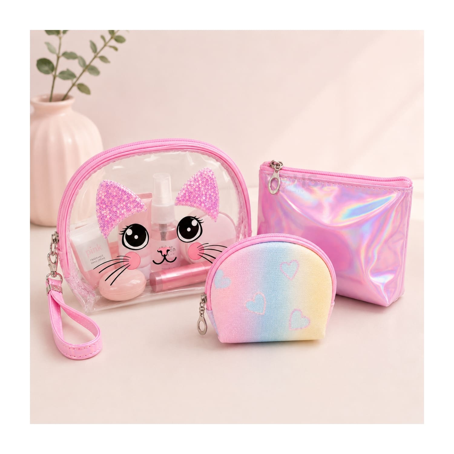 SET ORGANIZADOR 3 PCS ROSADO HOLOGRÁFICO Y TRANSPARENTE - 3