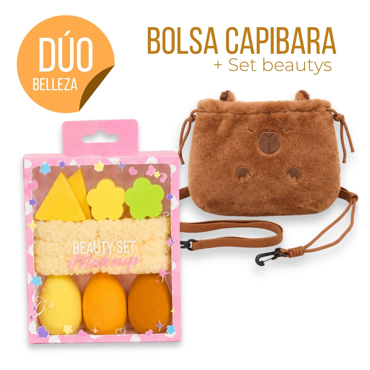 DÚO BOLSA CAPIBARA Y SET BEAUTY BLENDER TONOS AMARILLOS CON MUÑEQUERAS FLUFFY - 1