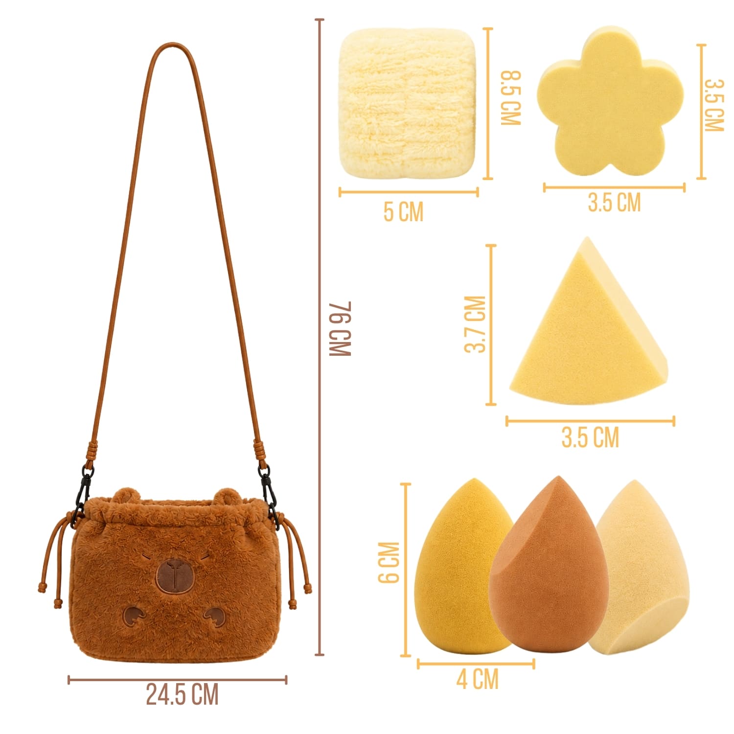 DÚO BOLSA CAPIBARA Y SET BEAUTY BLENDER TONOS AMARILLOS CON MUÑEQUERAS FLUFFY - 2