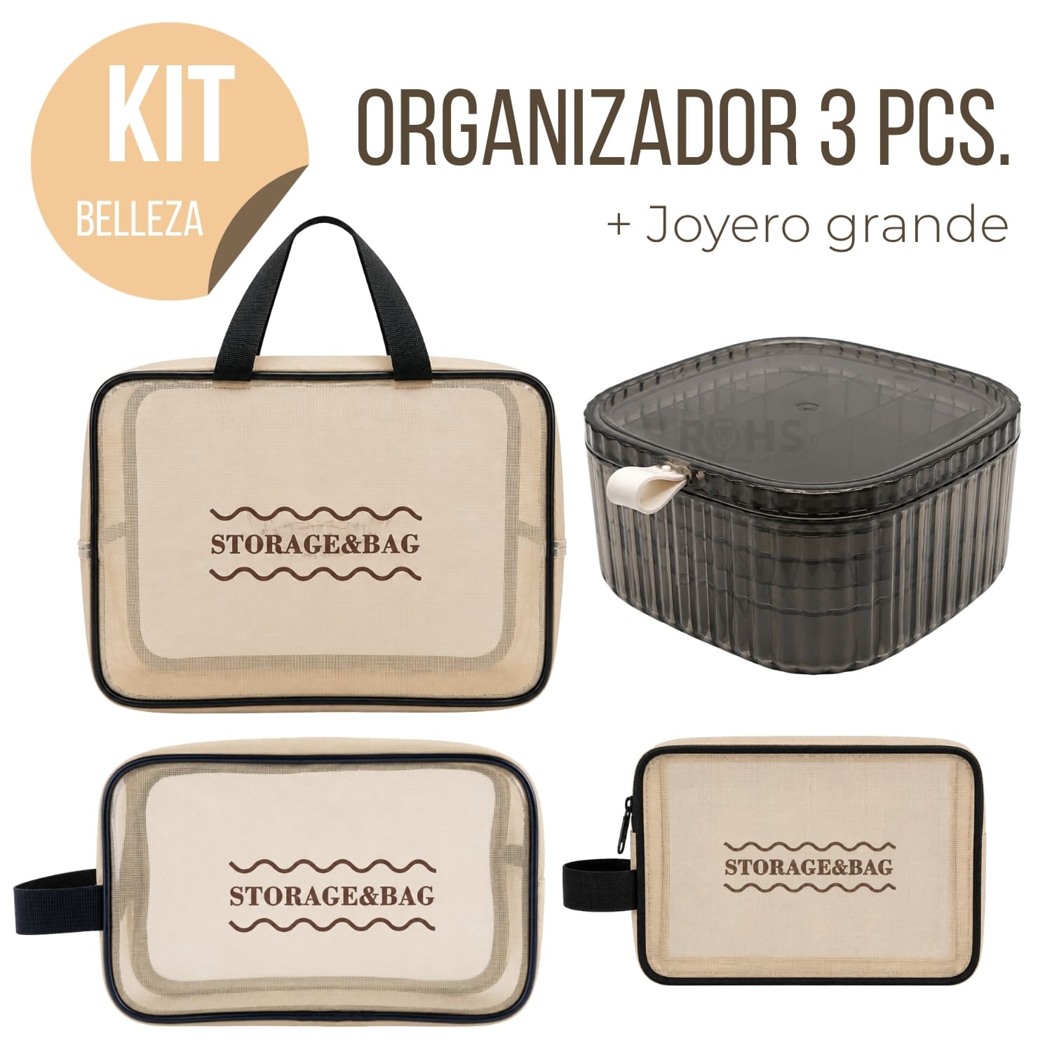 KIT ORGANIZADOR 3 PIEZAS BEIGE TRANSPARENTE Y JOYERO GRANDE NEGRO - 1