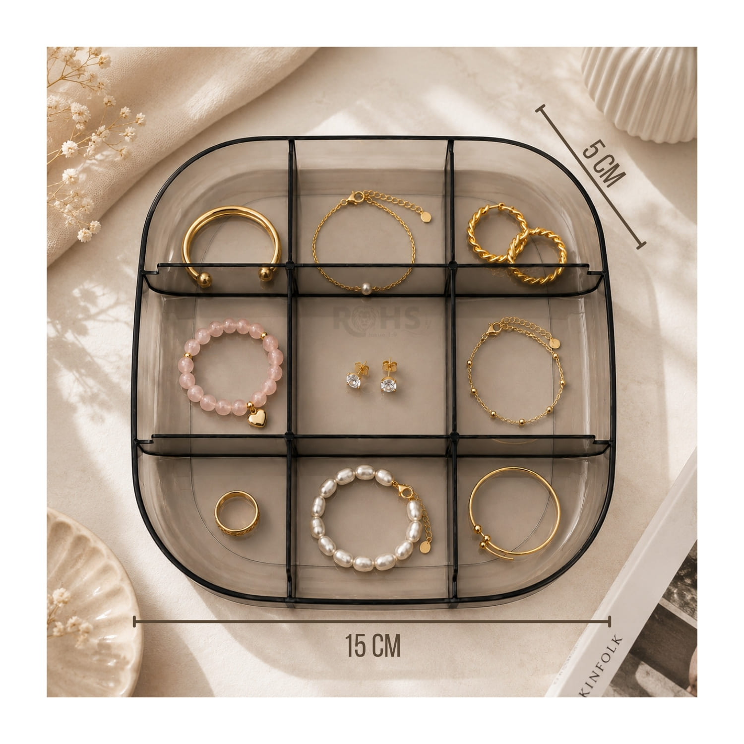 KIT ORGANIZADOR 3 PIEZAS BEIGE TRANSPARENTE Y JOYERO GRANDE NEGRO - 2