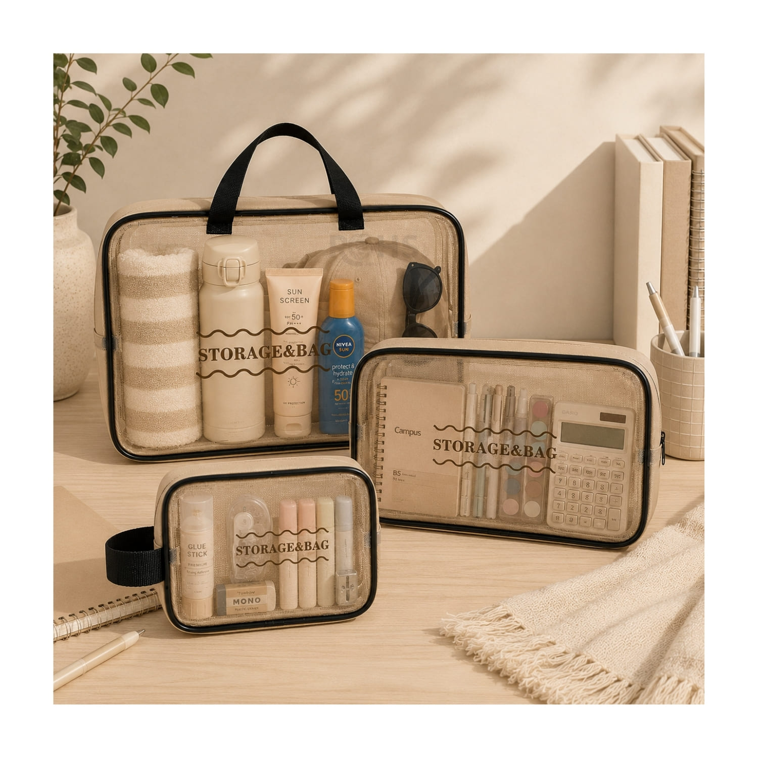 KIT ORGANIZADOR 3 PIEZAS BEIGE TRANSPARENTE Y JOYERO GRANDE NEGRO - 4