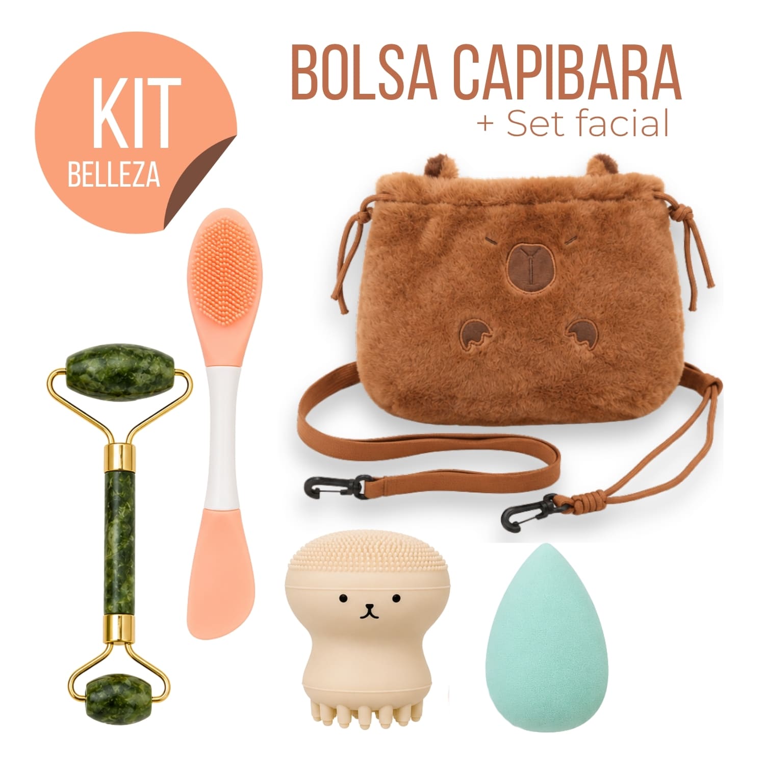 KIT BOLSA CAPIBARA Y SET FACIAL CON RODILLO ESPONJA Y CEPILLO DE SILICONA - 1