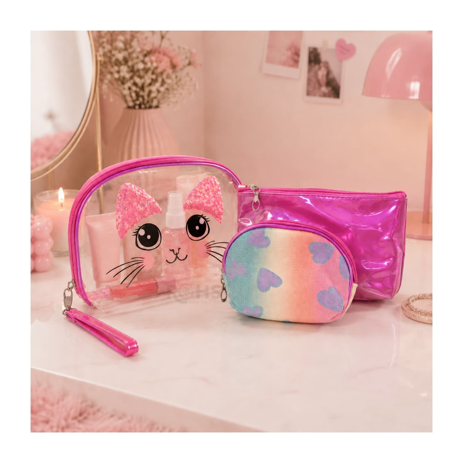 SET ORGANIZADOR 3 PCS FUCSIA HOLOGRÁFICO Y TRANSPARENTE - 3