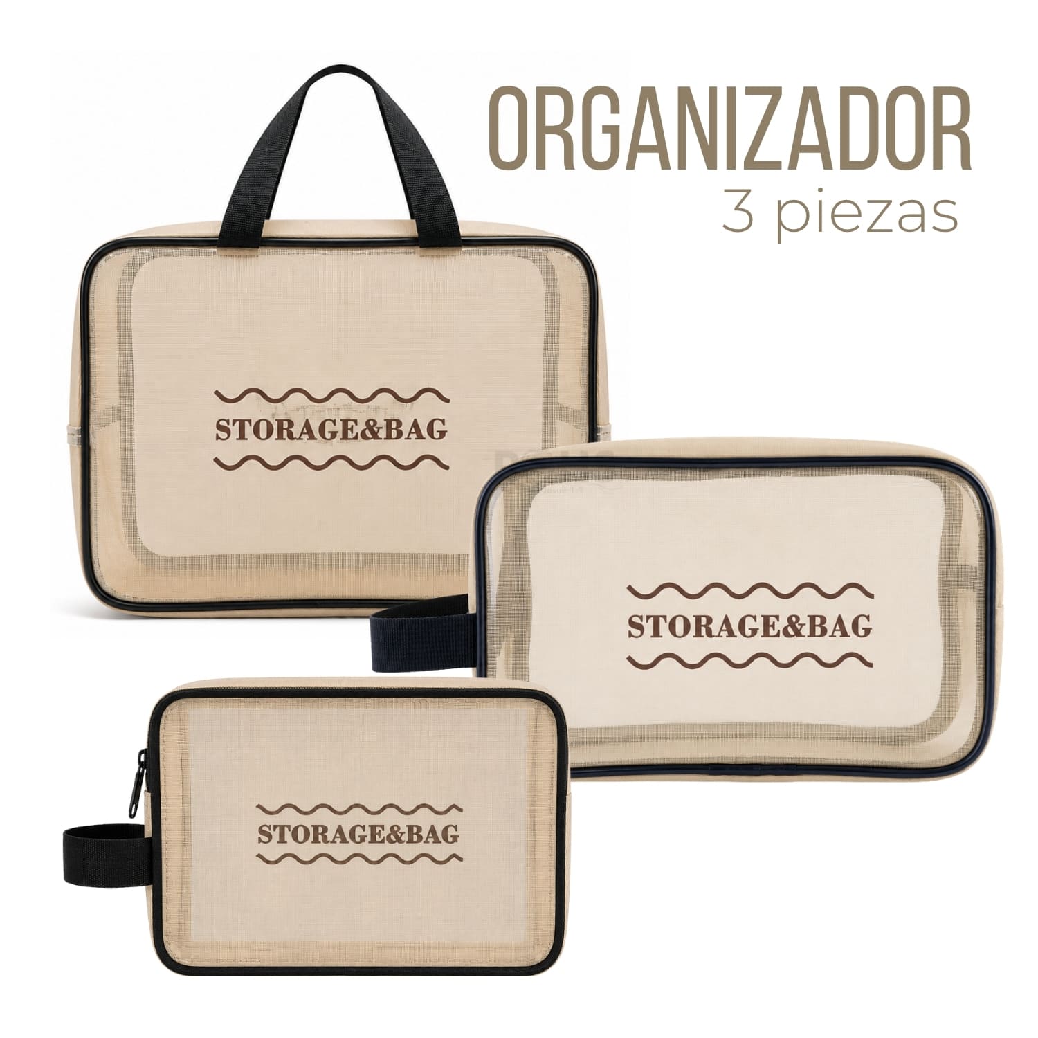 ORGANIZADOR 3 PIEZAS BEIGE TRANSPARENTE DE TELA OXFORD CON ASA - 1