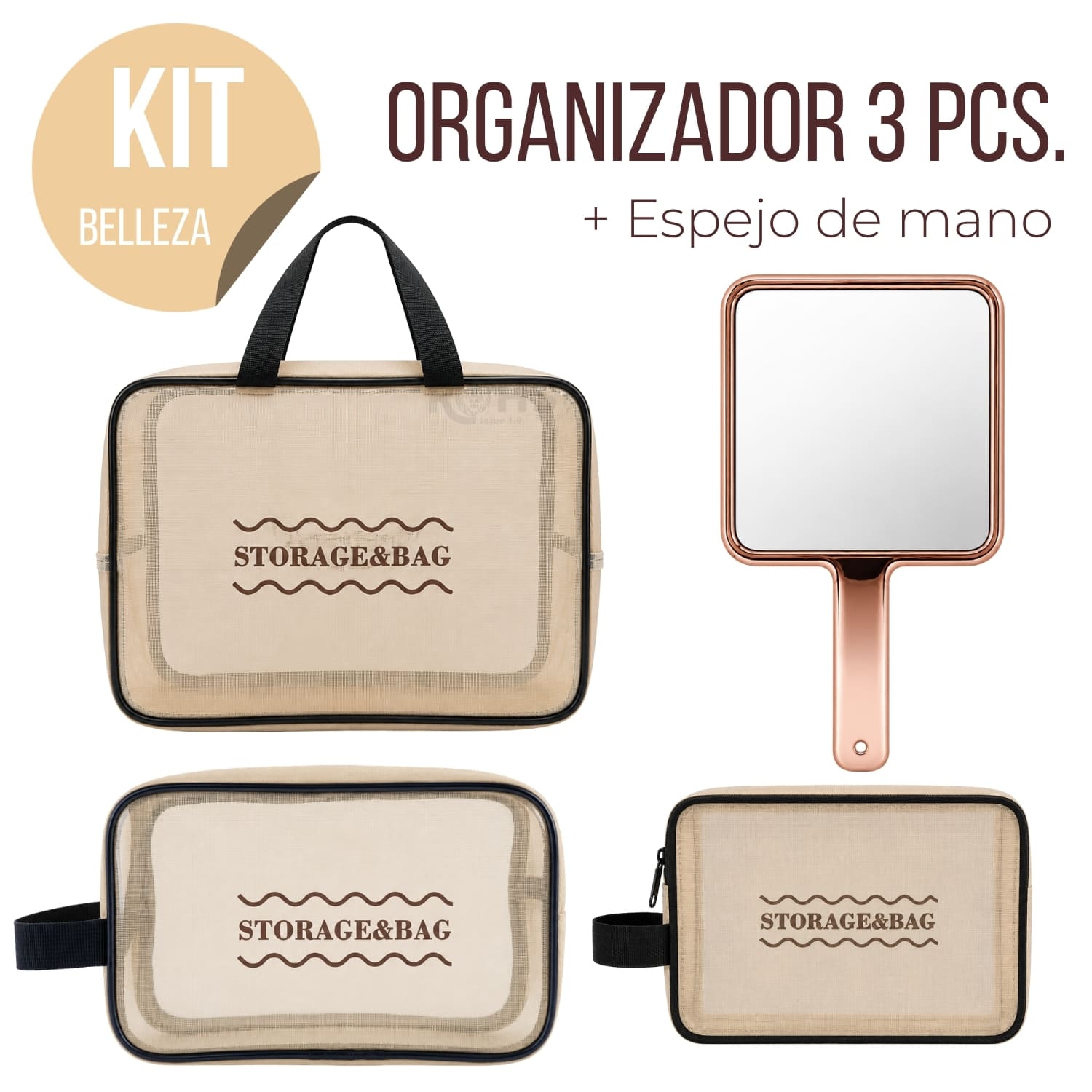 KIT ORGANIZADOR 3 PIEZAS BEIGE TRANSPARENTE Y ESPEJO DE MANO ROSE GOLD - 1