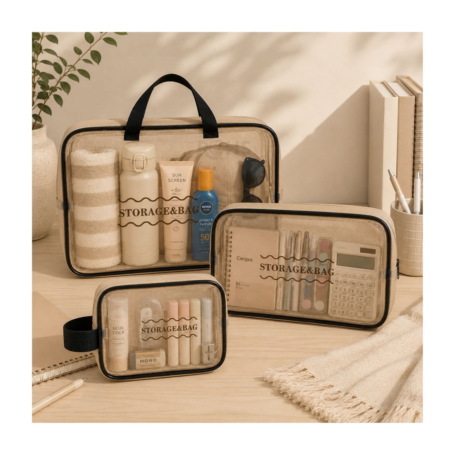 KIT ORGANIZADOR 3 PIEZAS BEIGE TRANSPARENTE Y ESPEJO DE MANO ROSE GOLD - 5