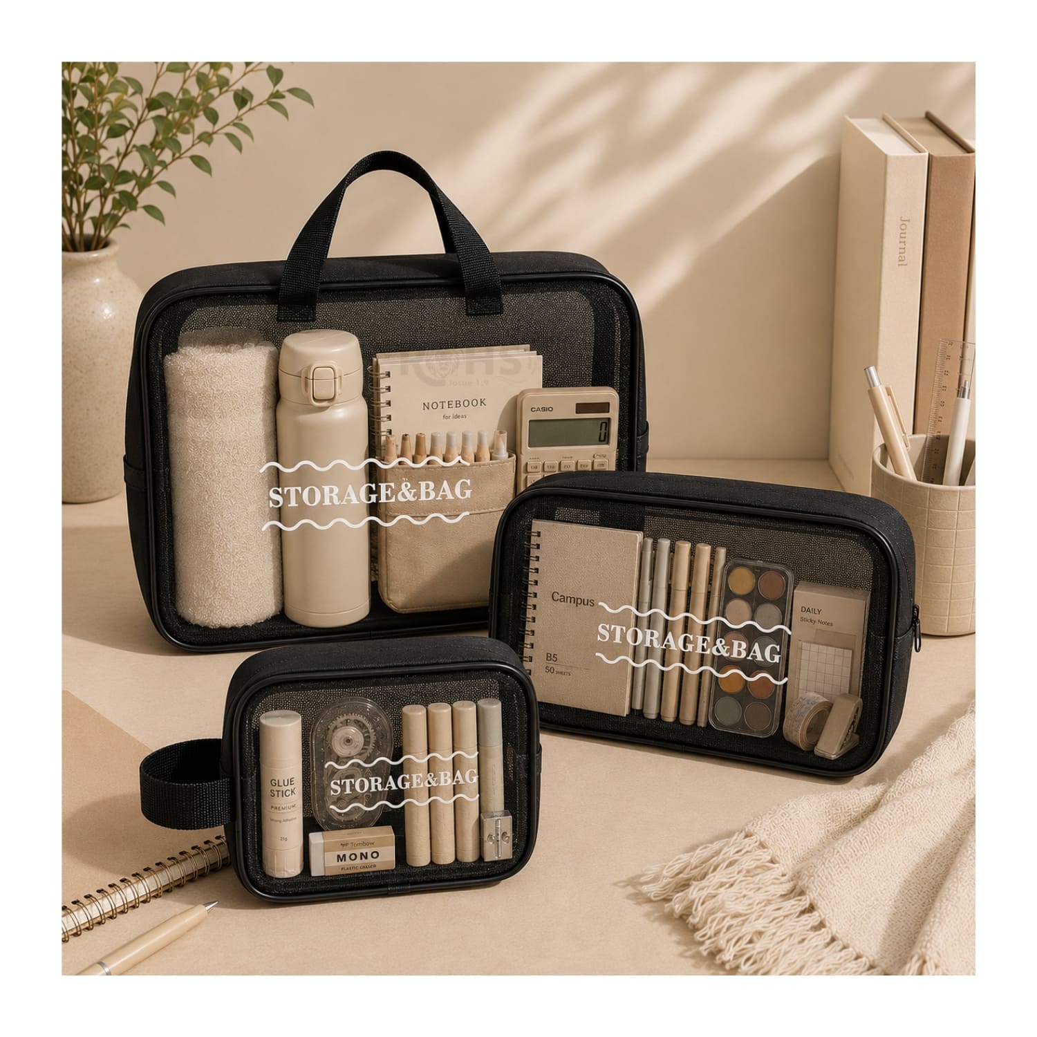 ORGANIZADOR 3 PIEZAS NEGRO TRANSPARENTE DE TELA OXFORD CON ASA - 7