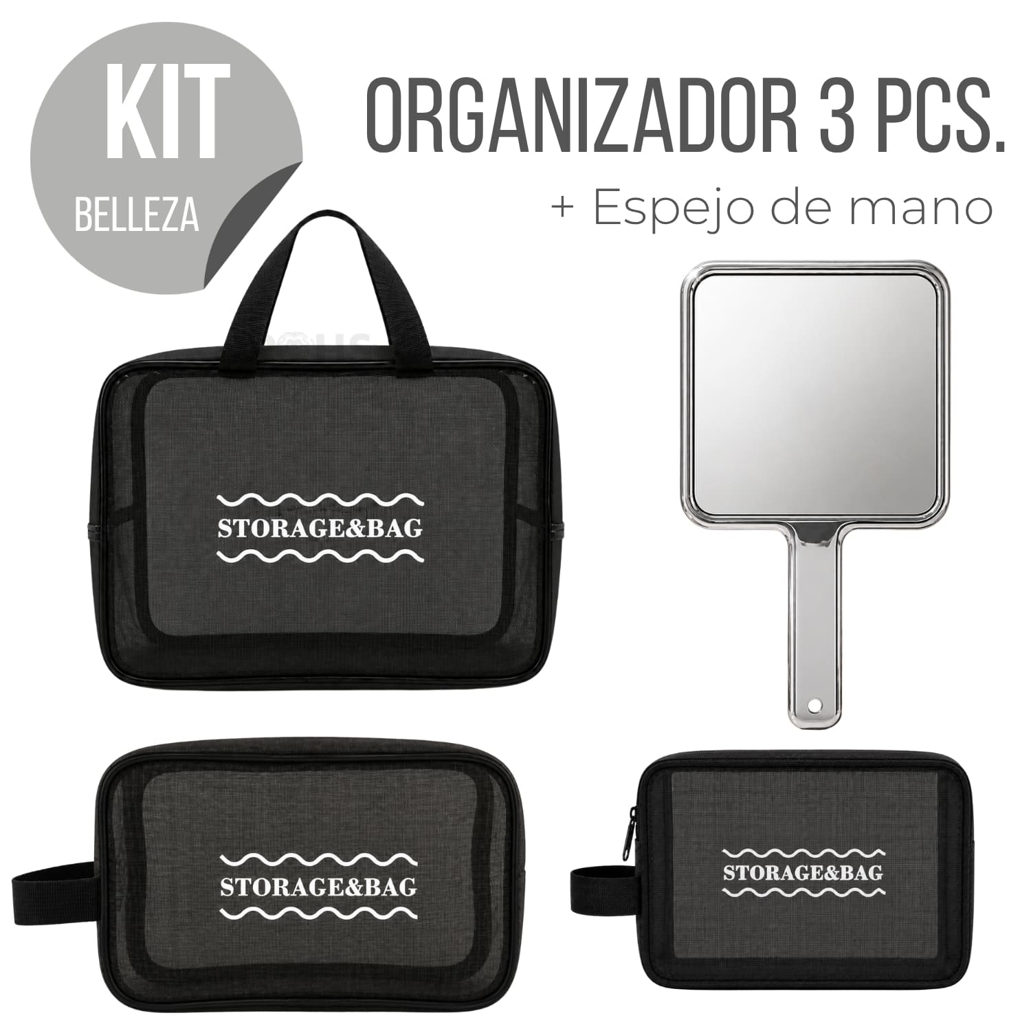 KIT ORGANIZADOR 3 PIEZAS NEGRO TRANSPARENTE Y ESPEJO DE MANO PLATEADO - 1