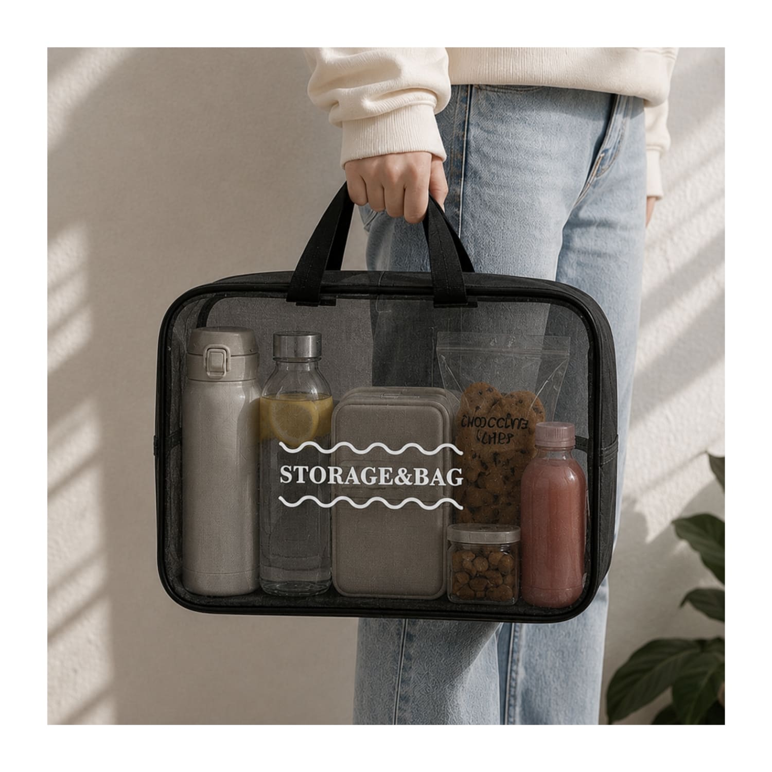 KIT ORGANIZADOR 3 PIEZAS NEGRO TRANSPARENTE Y ESPEJO DE MANO PLATEADO - 5