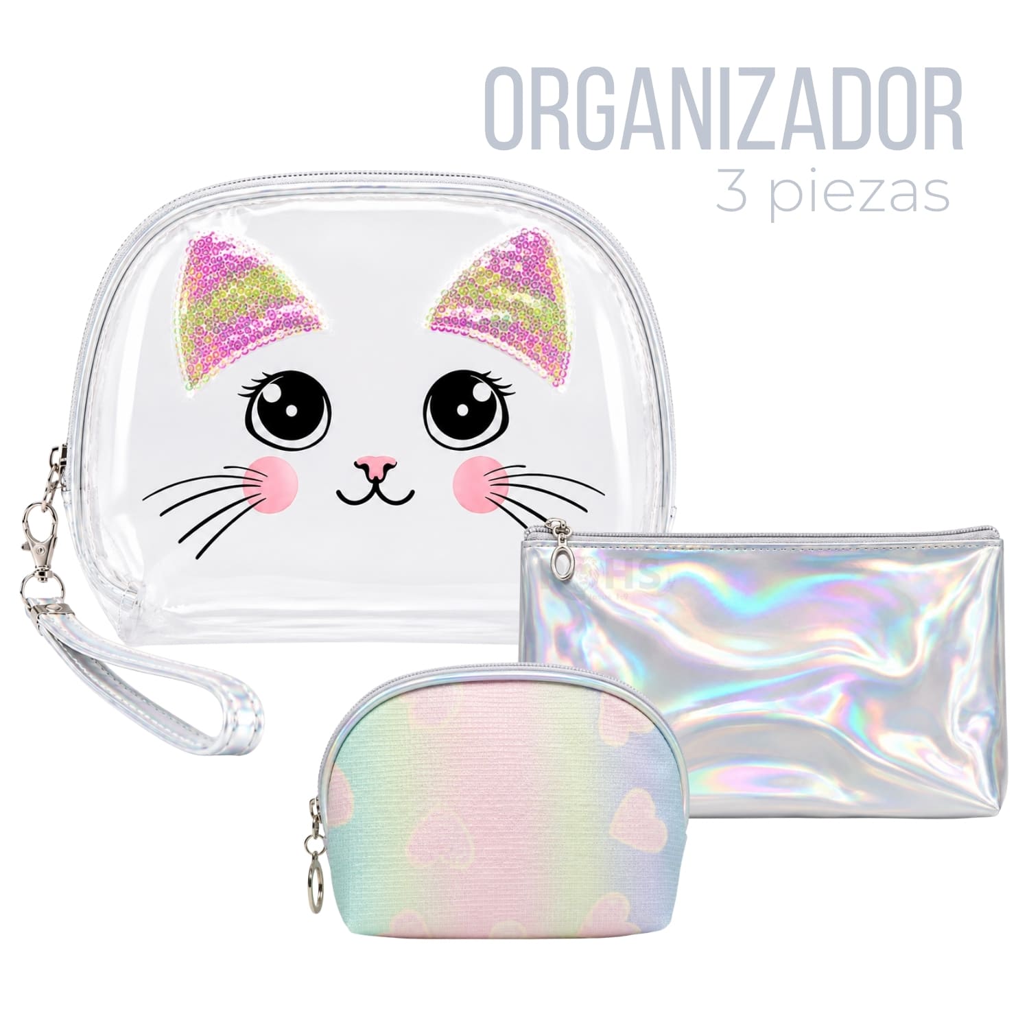 SET ORGANIZADOR 3 PCS PLATEADO HOLOGRÁFICO Y TRANSPARENTE - 1
