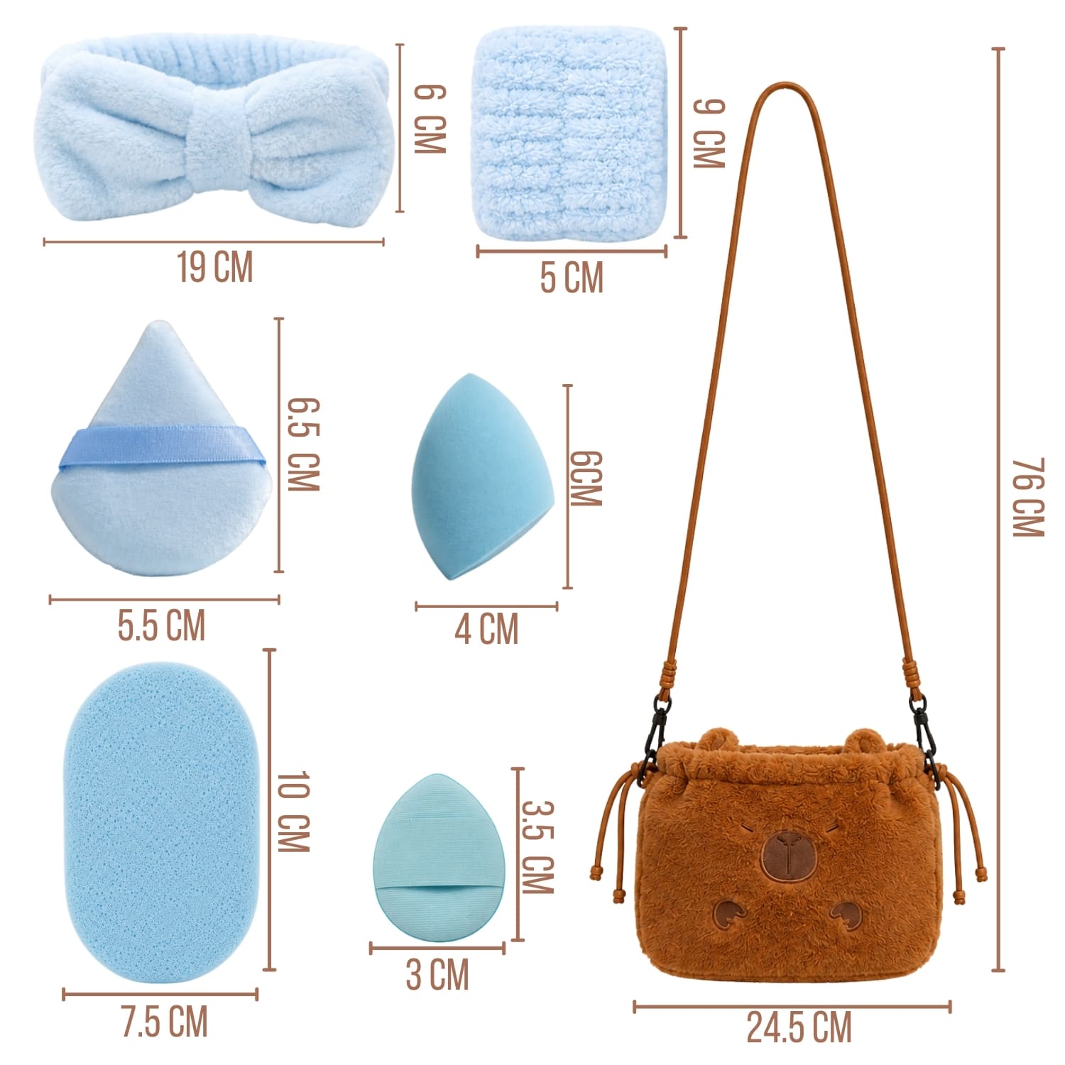 BOLSA CAPIBARA Y SET SPA CELESTE CON VINCHA MUÑEQUERAS FLUFFY Y ESPONJAS BEAUTY BLENDER - 2