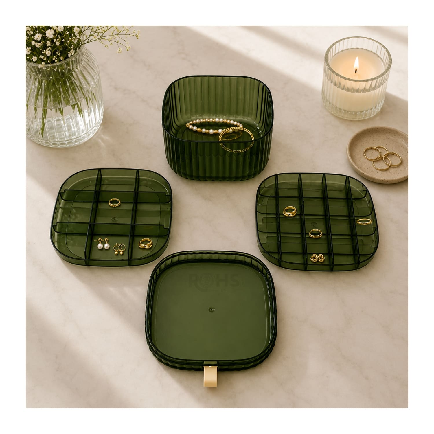 KIT ORGANIZADOR 3 PIEZAS NEGRO TRANSPARENTE Y JOYERO GRANDE VERDE - 5
