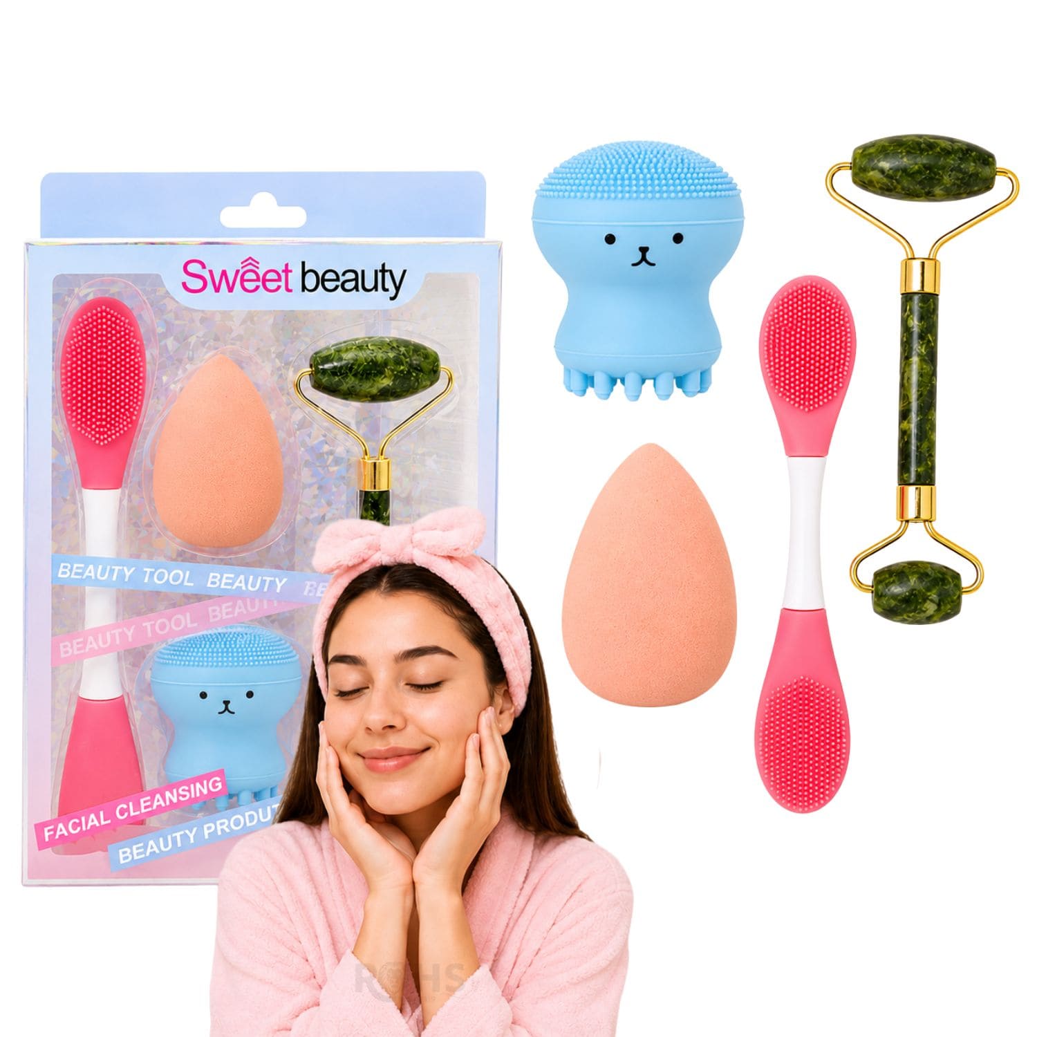 SET DE SKINCARE Y MAQUILLAJE MULTICOLOR CON RODILLO FACIAL ESPONJA Y CEPILLO DE SILICONA - 1