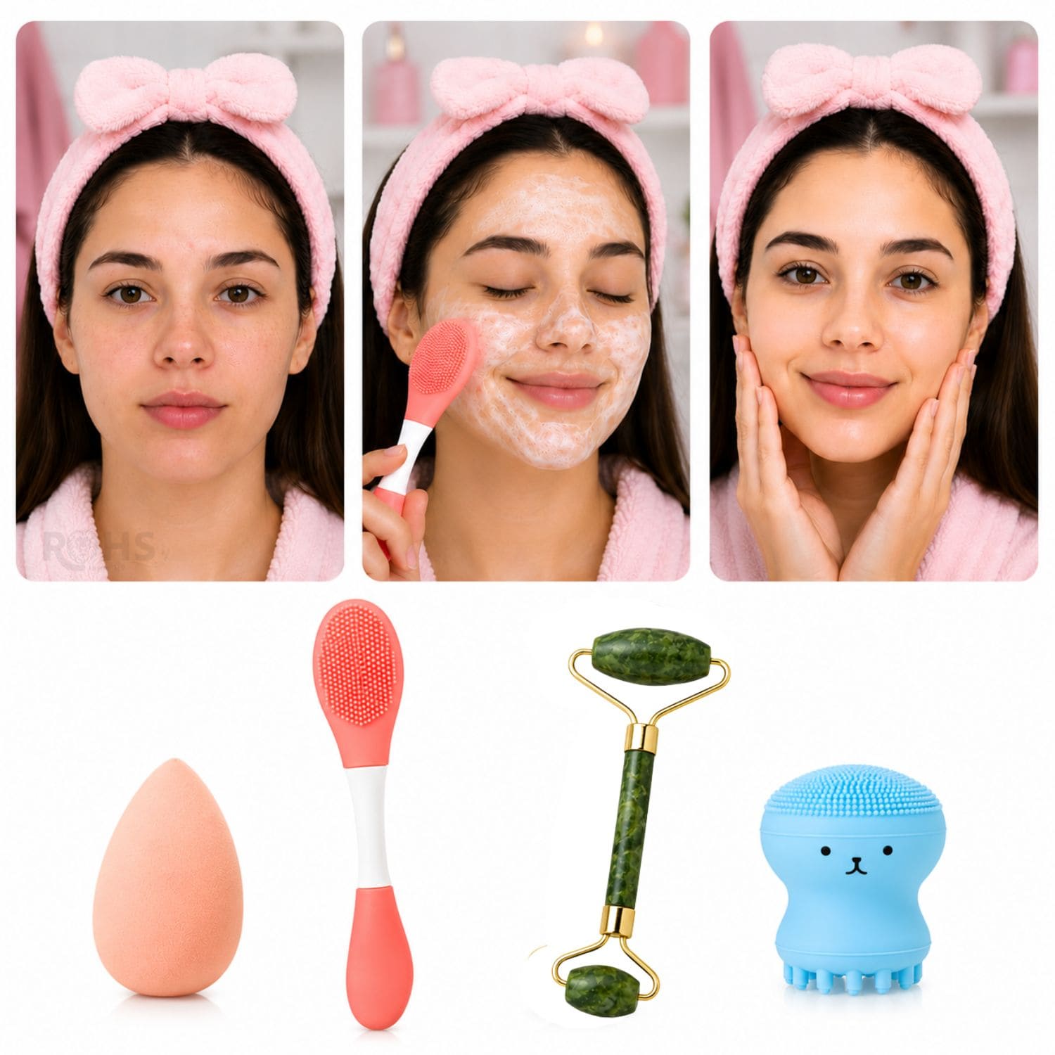 SET DE SKINCARE Y MAQUILLAJE MULTICOLOR CON RODILLO FACIAL ESPONJA Y CEPILLO DE SILICONA - 2
