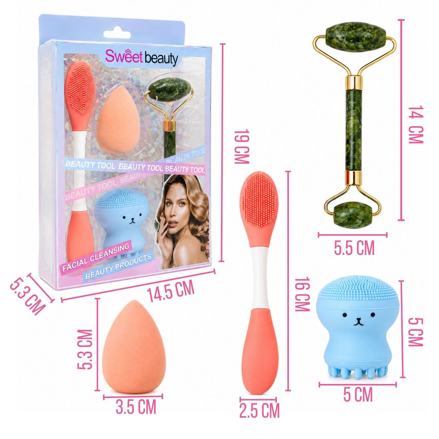 SET DE SKINCARE Y MAQUILLAJE MULTICOLOR CON RODILLO FACIAL ESPONJA Y CEPILLO DE SILICONA - 3