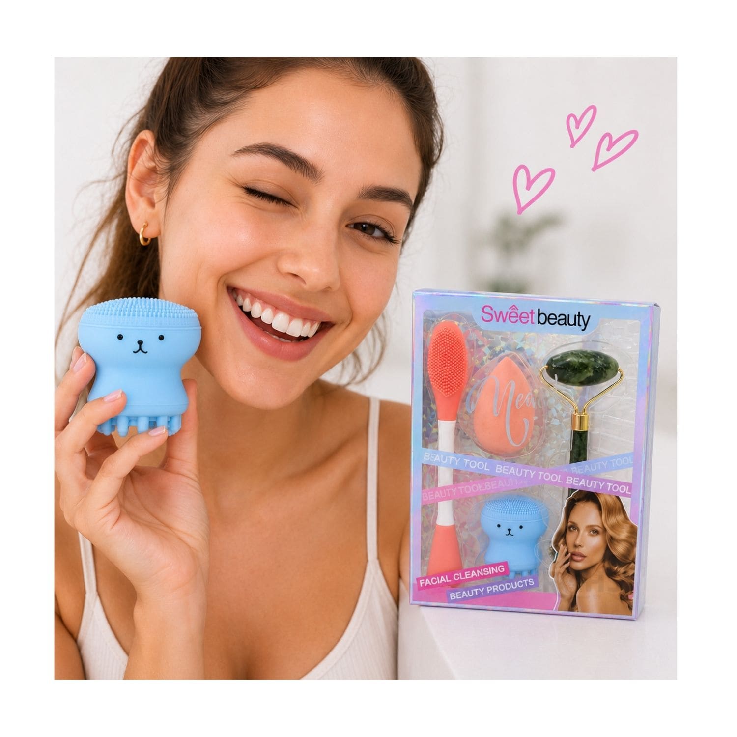 SET DE SKINCARE Y MAQUILLAJE MULTICOLOR CON RODILLO FACIAL ESPONJA Y CEPILLO DE SILICONA - 4