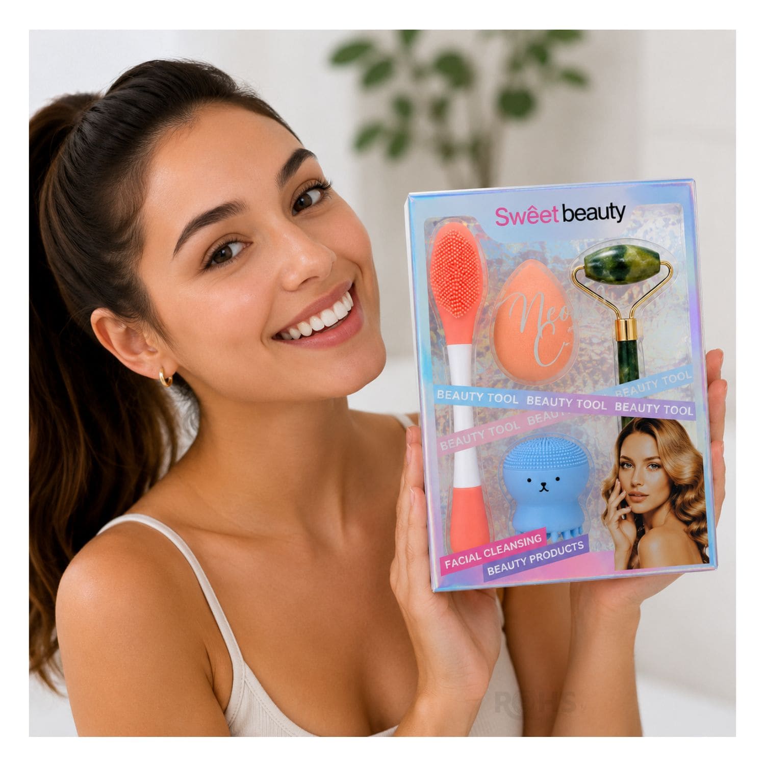 SET DE SKINCARE Y MAQUILLAJE MULTICOLOR CON RODILLO FACIAL ESPONJA Y CEPILLO DE SILICONA - 7