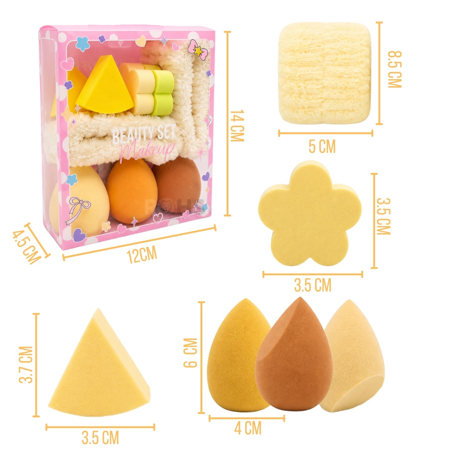 SET DE MAQUILLAJE Y SKINCARE AMARILLO CON MUÑEQUERAS FLUFFY Y ESPONJAS BEAUTY BLENDER - 2