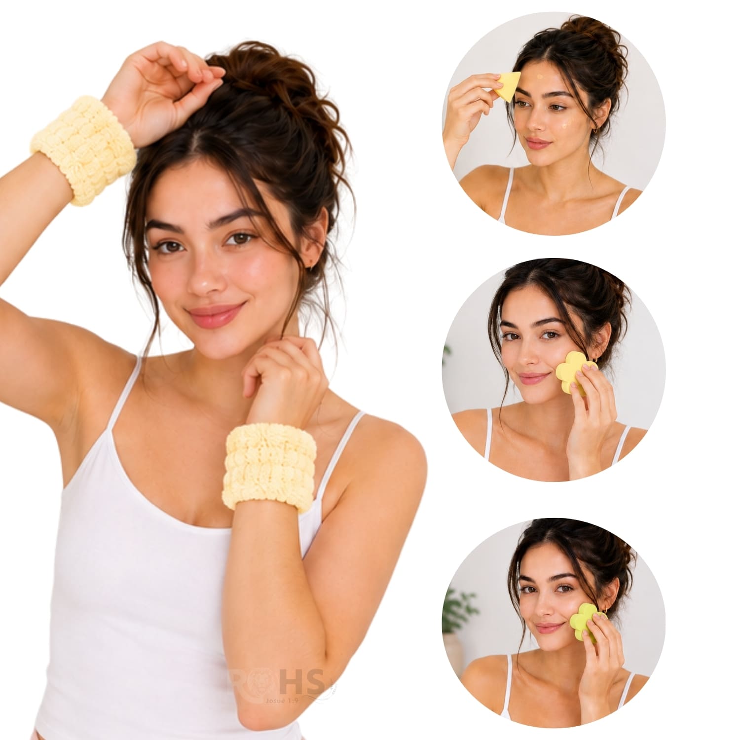 SET DE MAQUILLAJE Y SKINCARE AMARILLO CON MUÑEQUERAS FLUFFY Y ESPONJAS BEAUTY BLENDER - 3