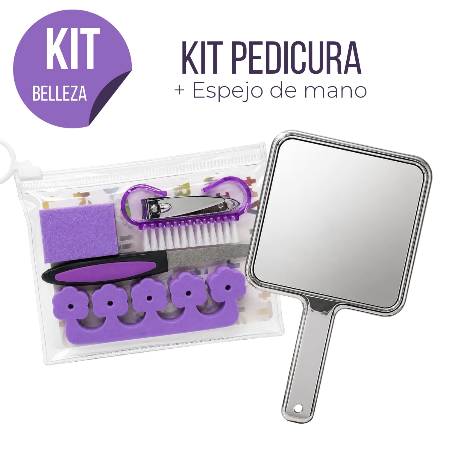 KIT PEDICURA MORADO CON CEPILLO DE LIMPIEZA Y ESPEJO DE MANO PLATEADO - 1