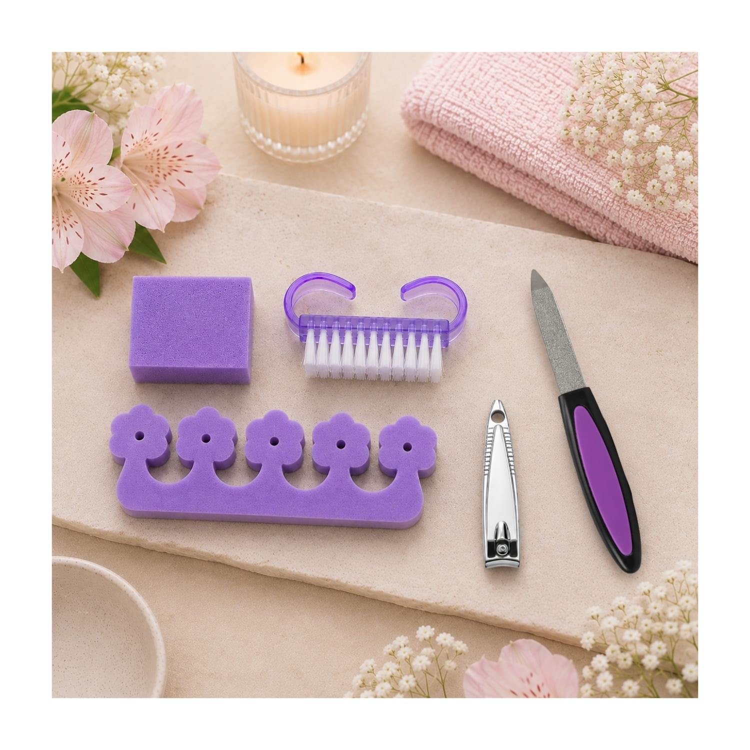 KIT PEDICURA MORADO CON CEPILLO DE LIMPIEZA Y ESPEJO DE MANO PLATEADO - 4