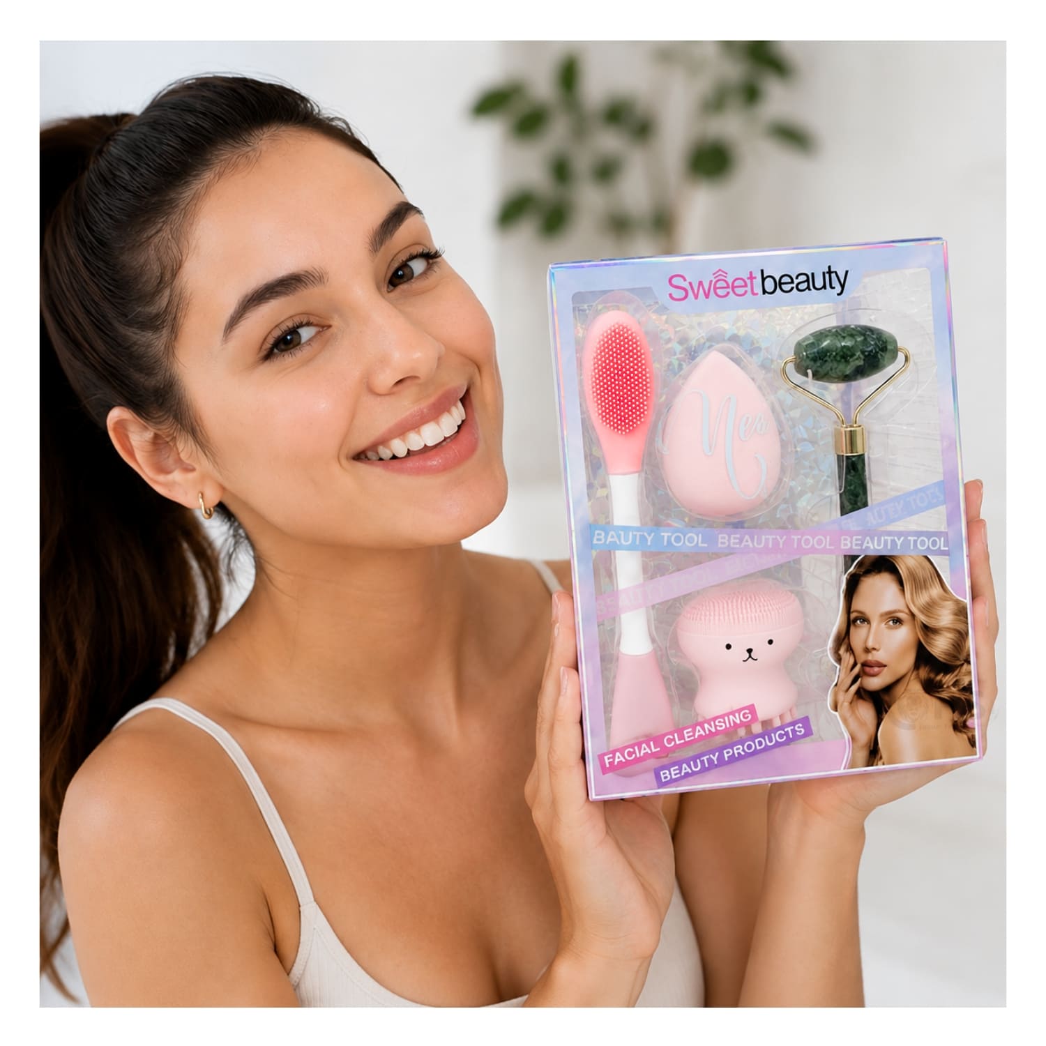 SET DE SKINCARE Y MAQUILLAJE ROSADO CLARO CON RODILLO FACIAL ESPONJA Y CEPILLO DE SILICONA - 7