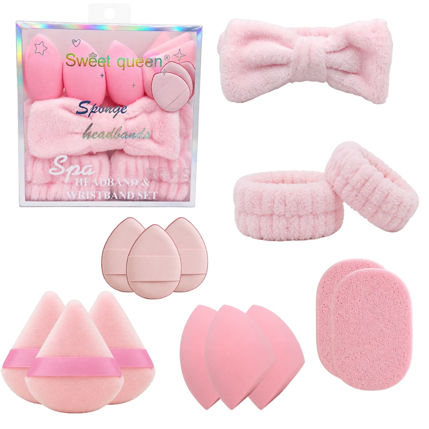 SET DE MAQUILLAJE Y SKINCARE ROSADO CON VINCHA FLUFFY MUÑEQUERAS Y ESPONJAS FACIALES - 1