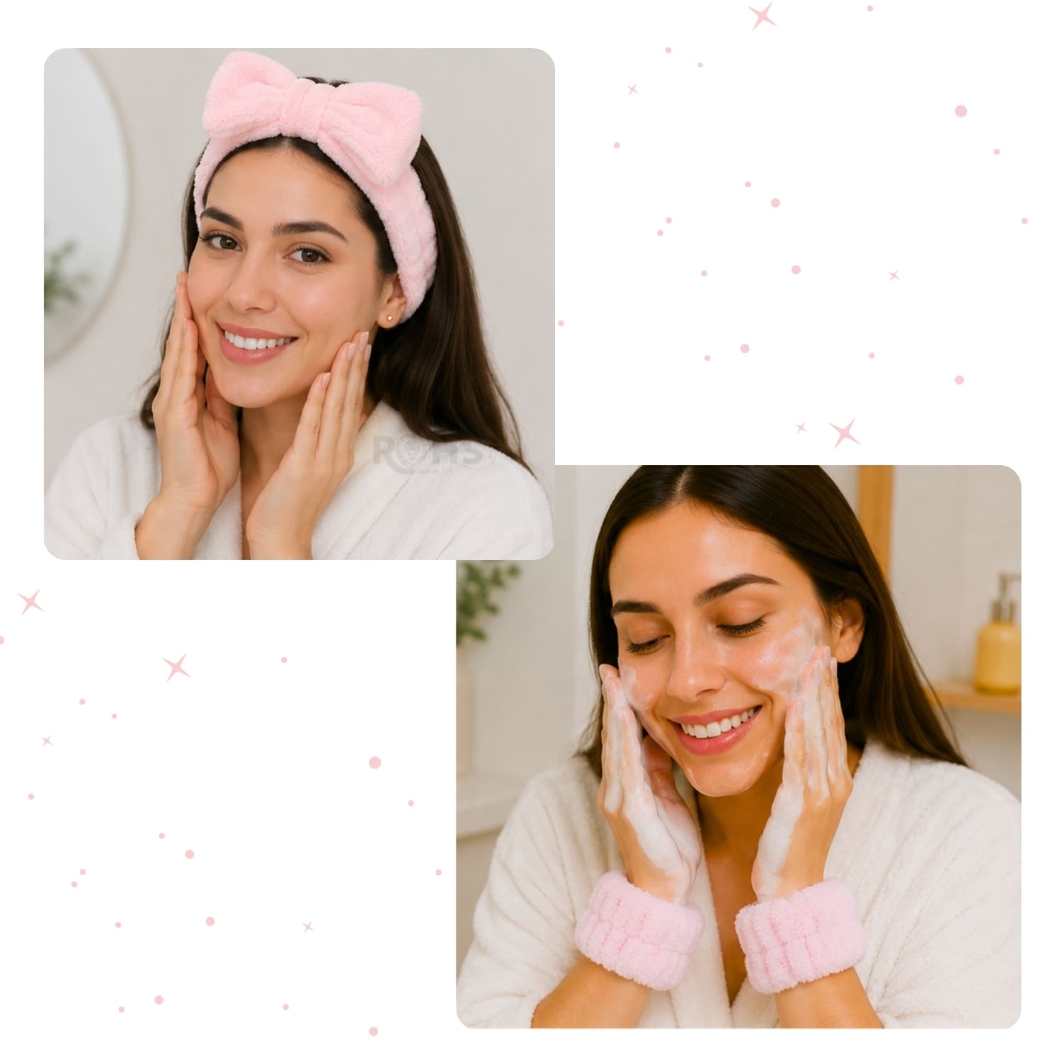 SET DE MAQUILLAJE Y SKINCARE ROSADO CON VINCHA FLUFFY MUÑEQUERAS Y ESPONJAS FACIALES - 4