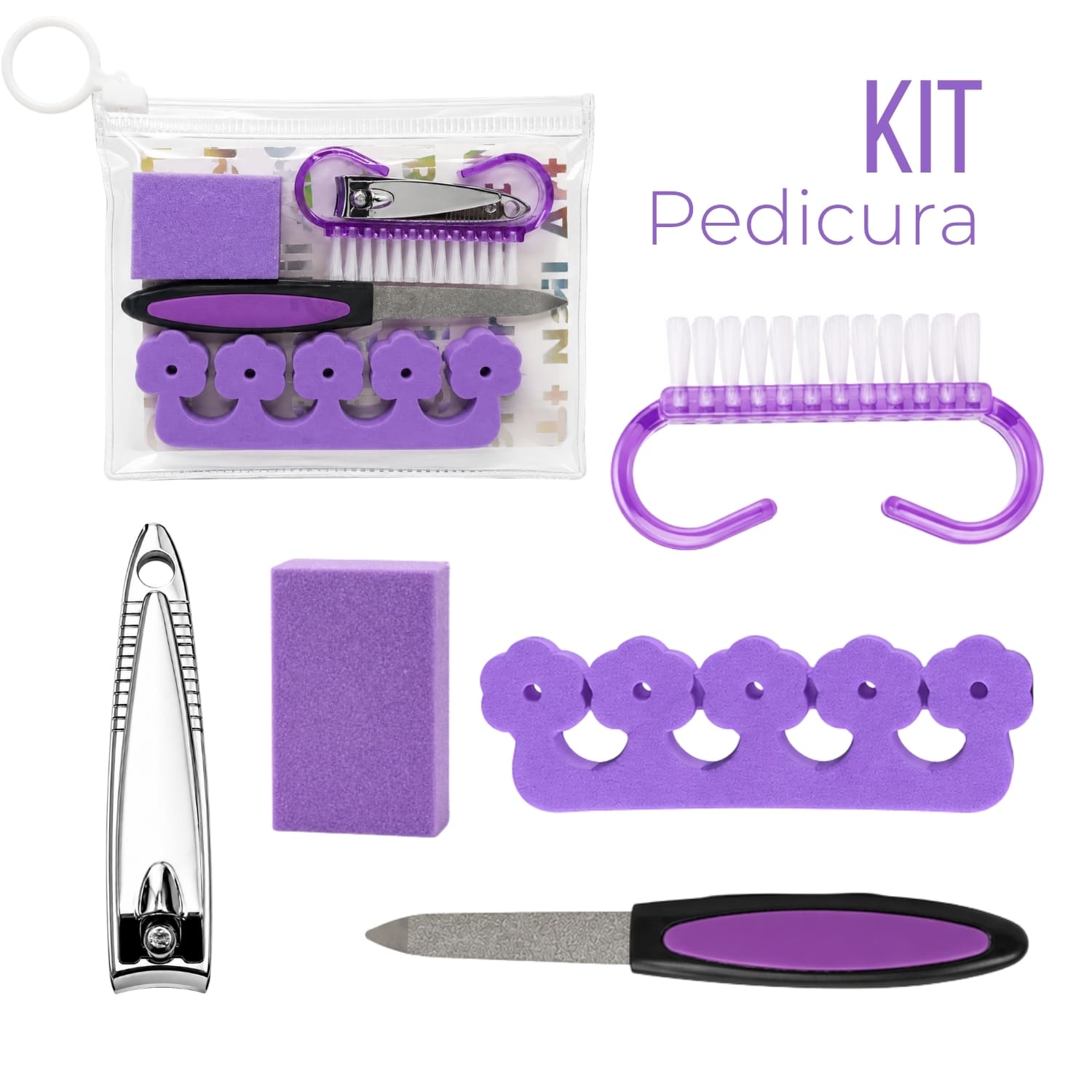 KIT PEDICURA MORADO CON SEPARADOR DE DEDOS LIMA CORTAUÑAS Y CEPILLO DE LIMPIEZA - 1